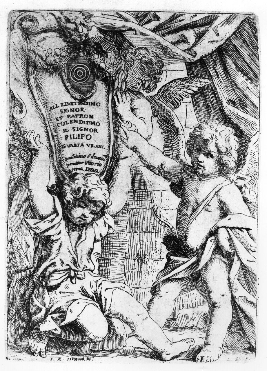 stemma gentilizio di Filippo Guasta Villani sorretto e indicato da tre putti (stampa smarginata) di Loli Lorenzo, Sirani Giovanni Andrea (sec. XVII)