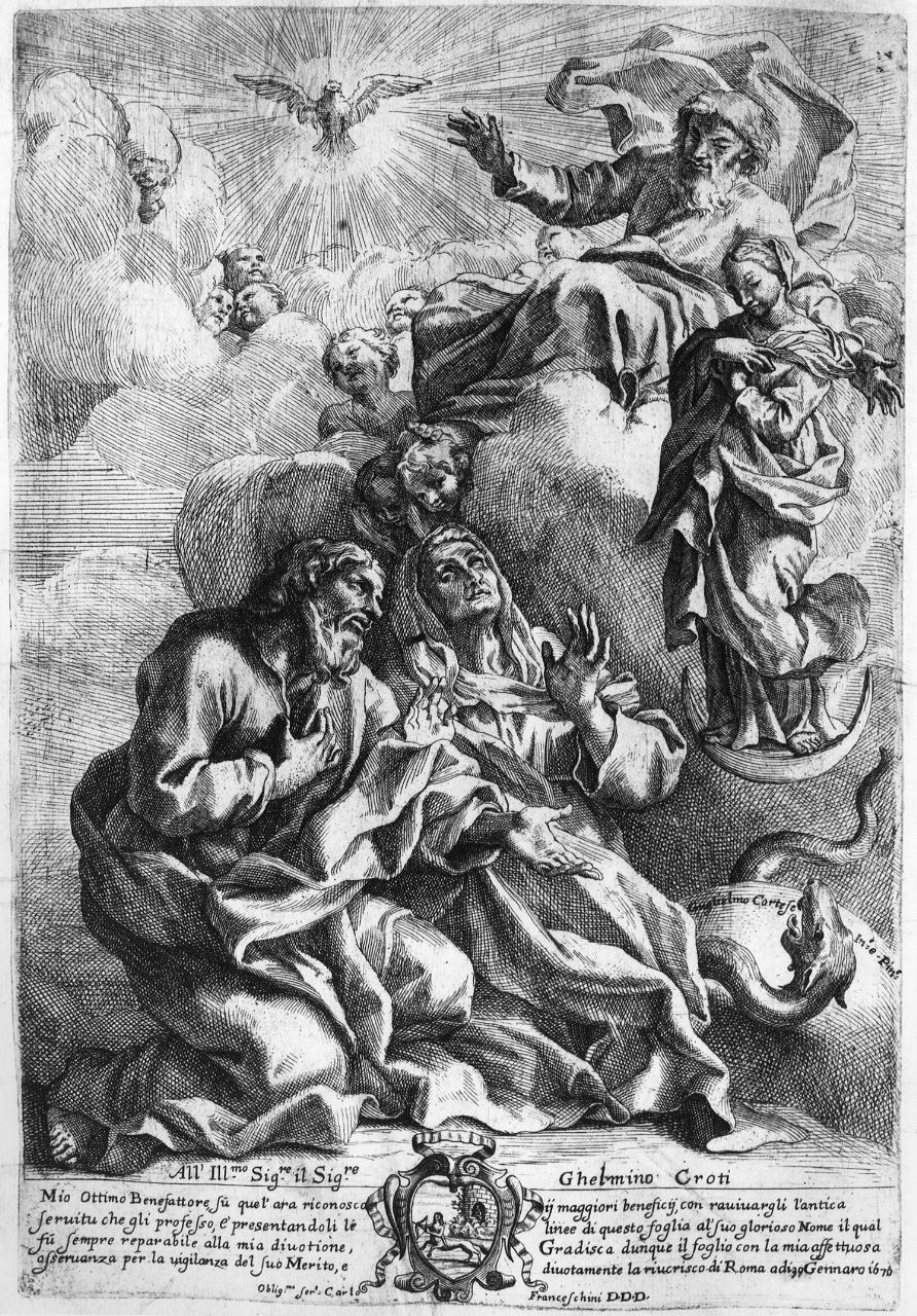 Dio Padre presenta Maria Vergine a Sant'Anna e a San Gioacchino (stampa) di Franceschini Carlo, Courtois Guillaume (sec. XVII)