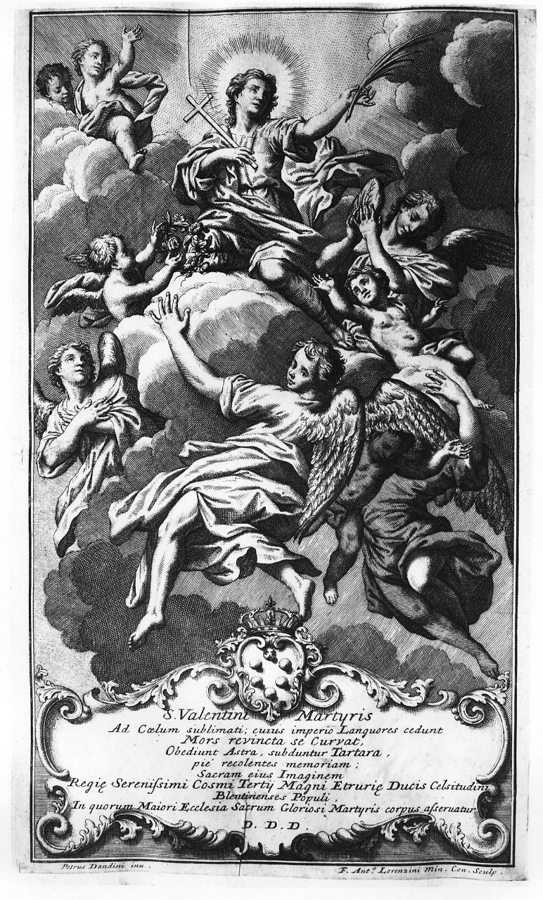 gloria di San Valentino (stampa smarginata) di Dandini Pietro, Lorenzini Giovanni Antonio (secc. XVII/ XVIII)