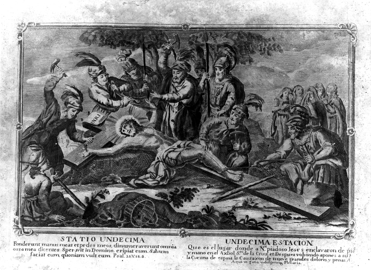 stazione XI: Gesù inchiodato alla croce (stampa colorata a mano, serie) - ambito spagnolo (sec. XVII)
