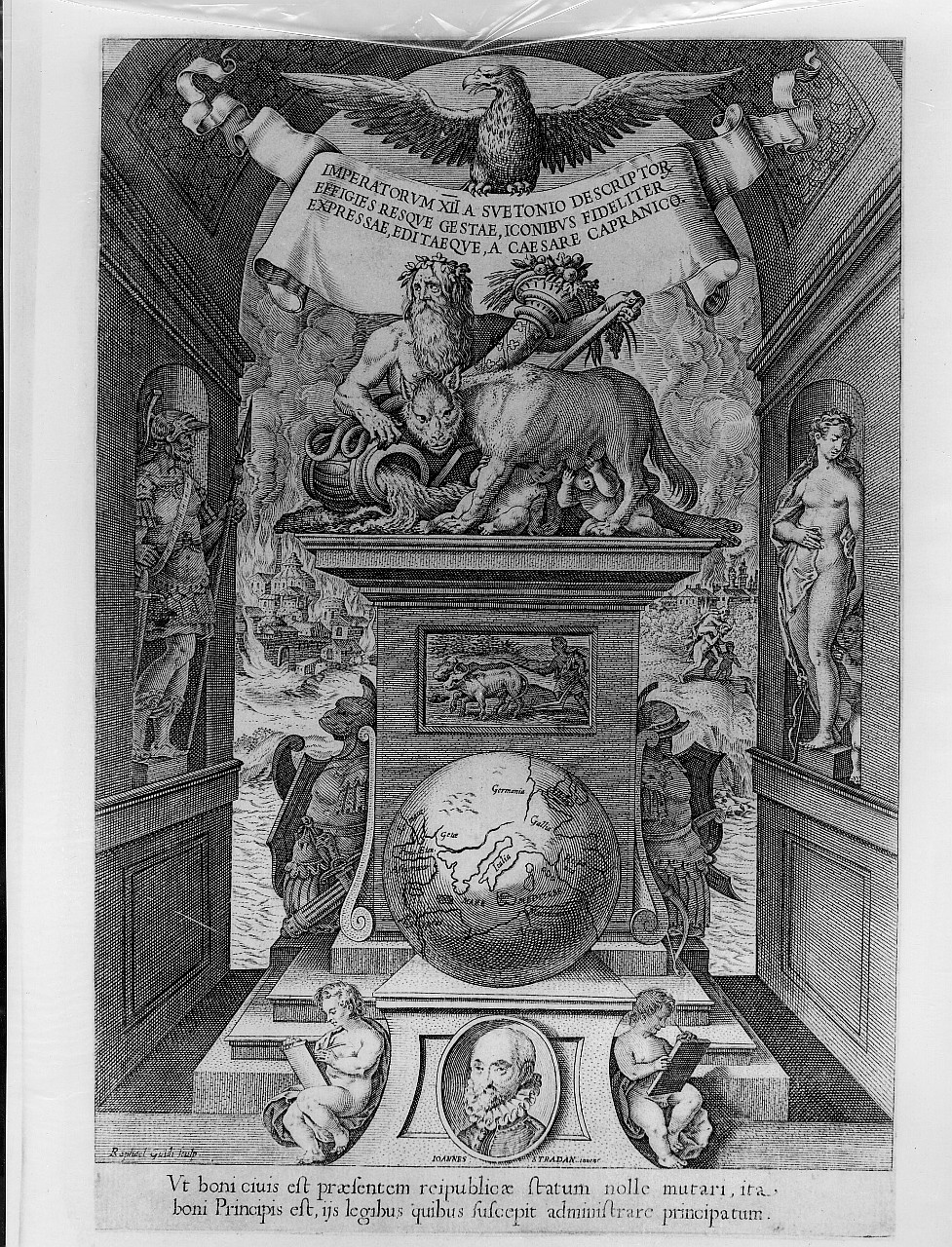 Tevere, lupa di Roma e elementi decorativi (stampa smarginata) di Van der Straet Jan detto Giovanni Stradano, Guidi Raffaello (primo quarto sec. XVII)