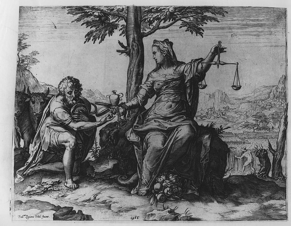 Giustizia (stampa smarginata) di Zuccari Federico, Cort Cornelis (sec. XVI)