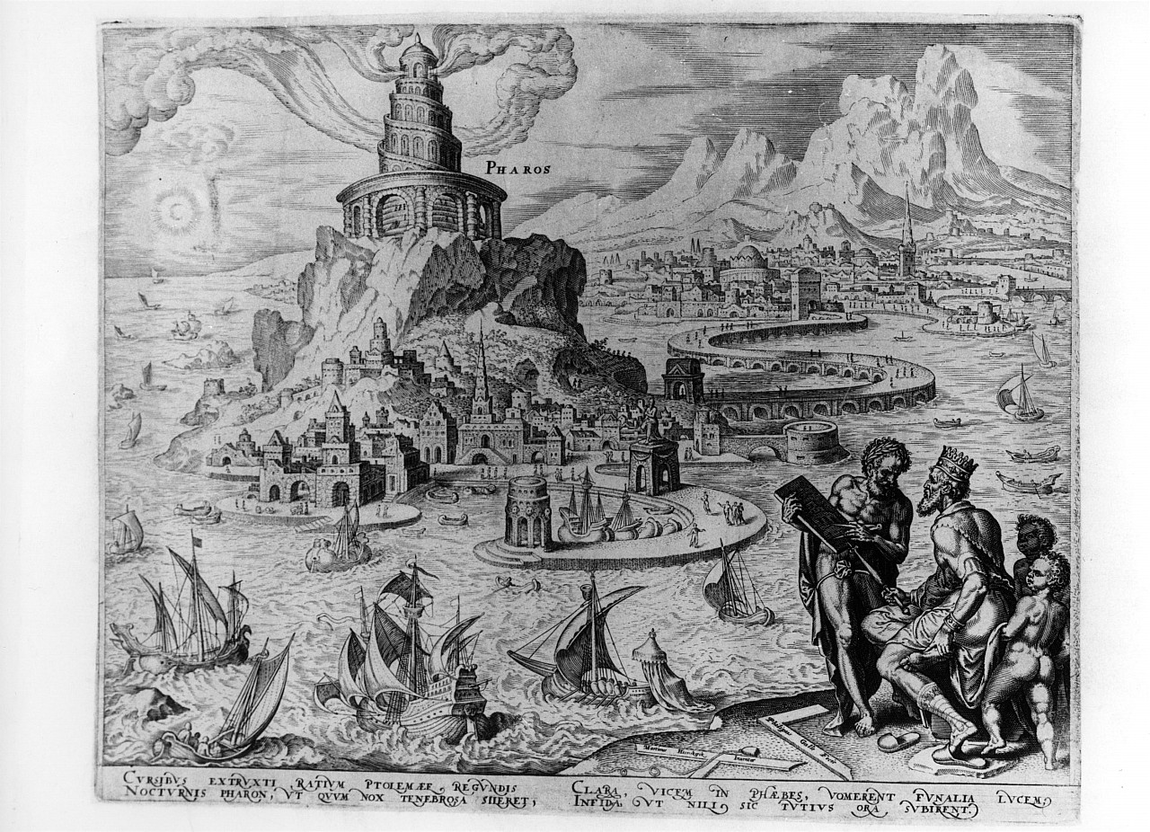 veduta con il faro di Alessandria (stampa smarginata) di Van Heemskerck Marteen Jacobsz, Galle Philipp (primo quarto sec. XVII)