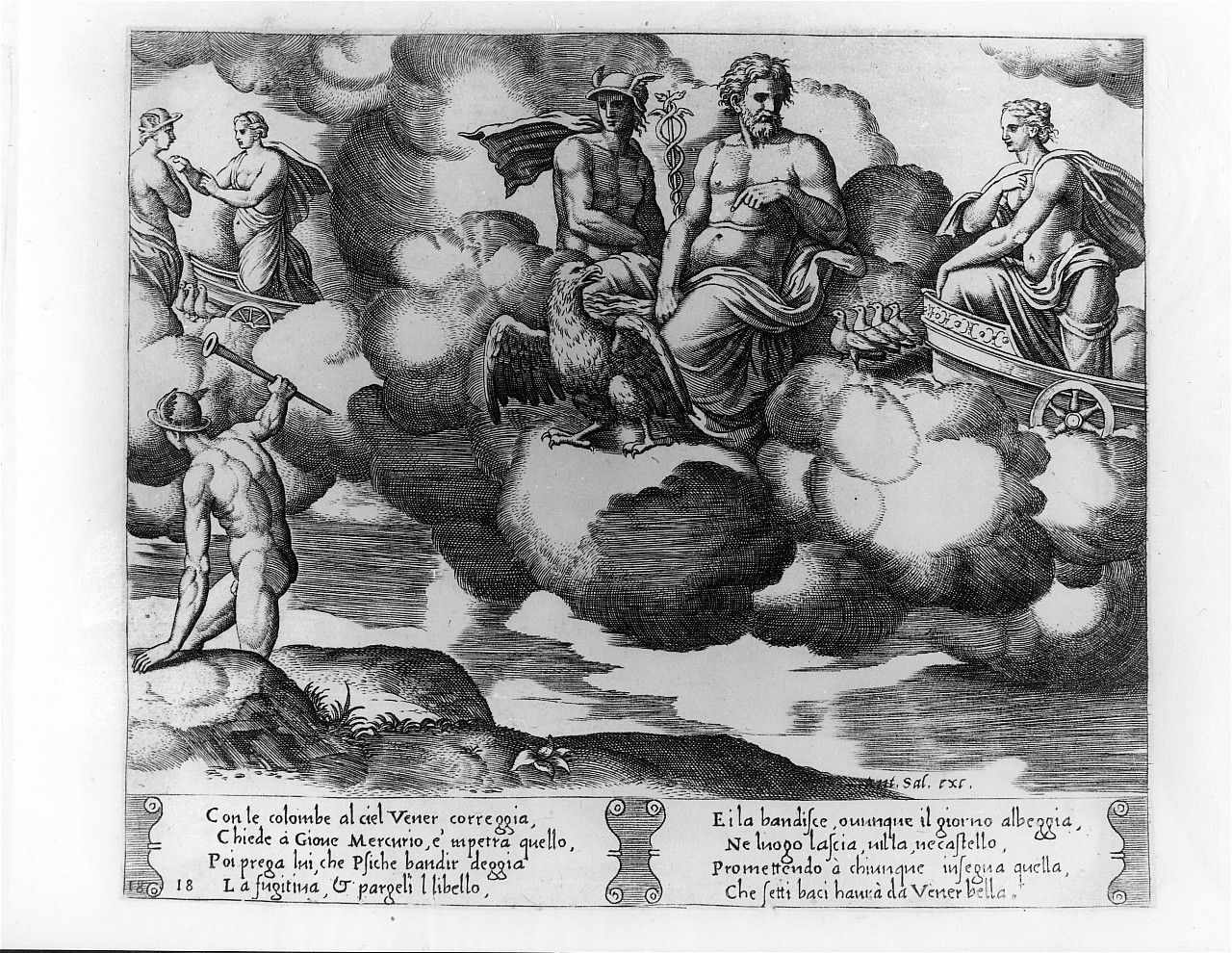 Venere chiede vendetta a Giove e Mercurio (stampa smarginata, serie) di Coxie Michiel, Maestro B nel Dado (secondo quarto sec. XVI)