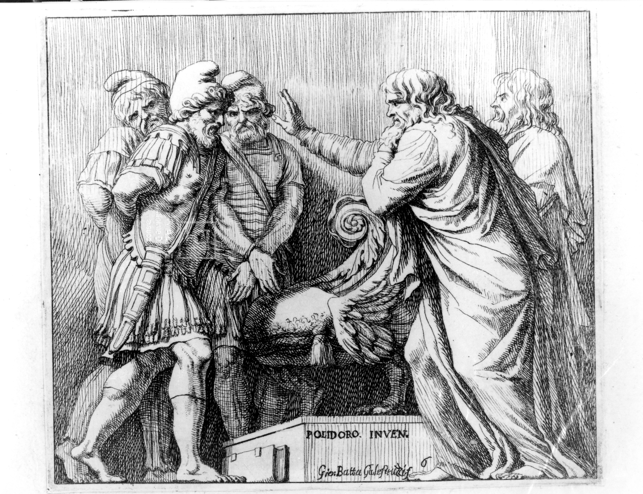 prigionieri barbari davanti a un magistrato romano (stampa smarginata, serie) di Polidoro da Caravaggio, Galestruzzi Giovanni Battista (terzo quarto sec. XVII)