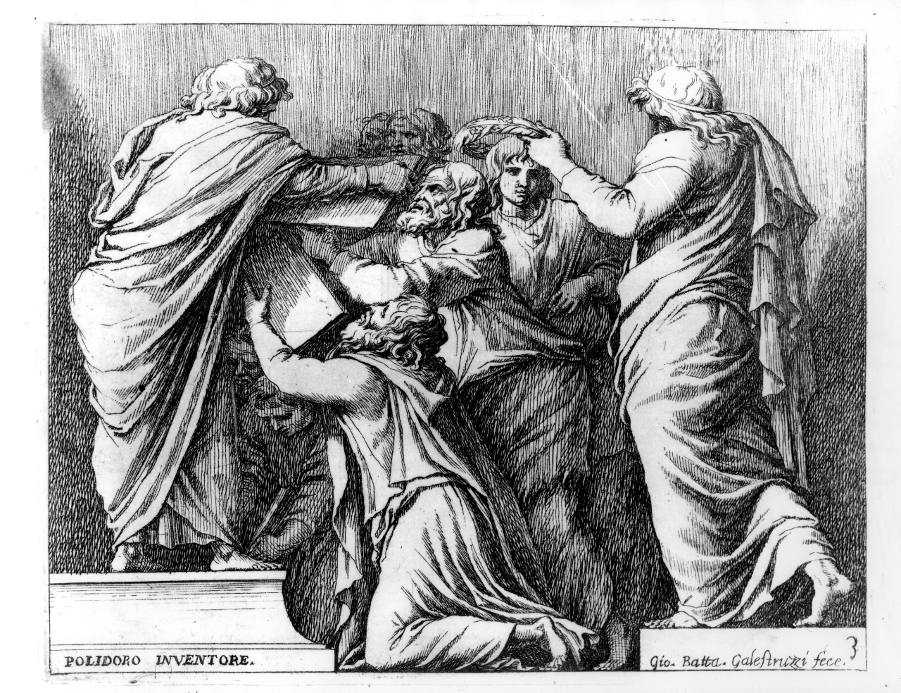 Licurgo e Numa Pompilio danno le leggi ai romani (stampa smarginata, serie) di Polidoro da Caravaggio, Galestruzzi Giovanni Battista (terzo quarto sec. XVII)