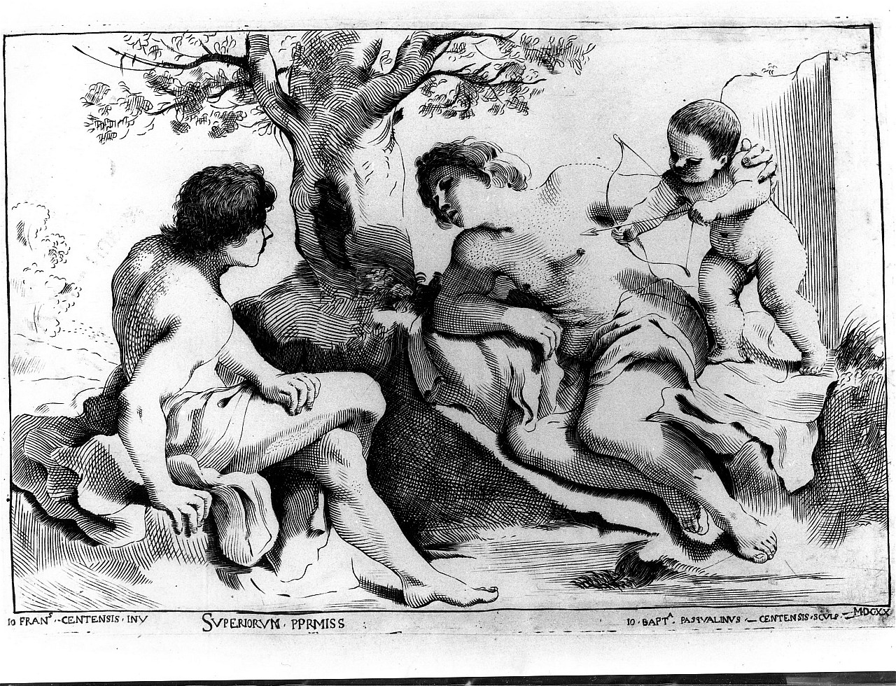 Venere, Adone e Cupido (stampa smarginata) di Pasqualini Giovanni Battista, Barbieri Giovanni Francesco detto Guercino (sec. XVII)