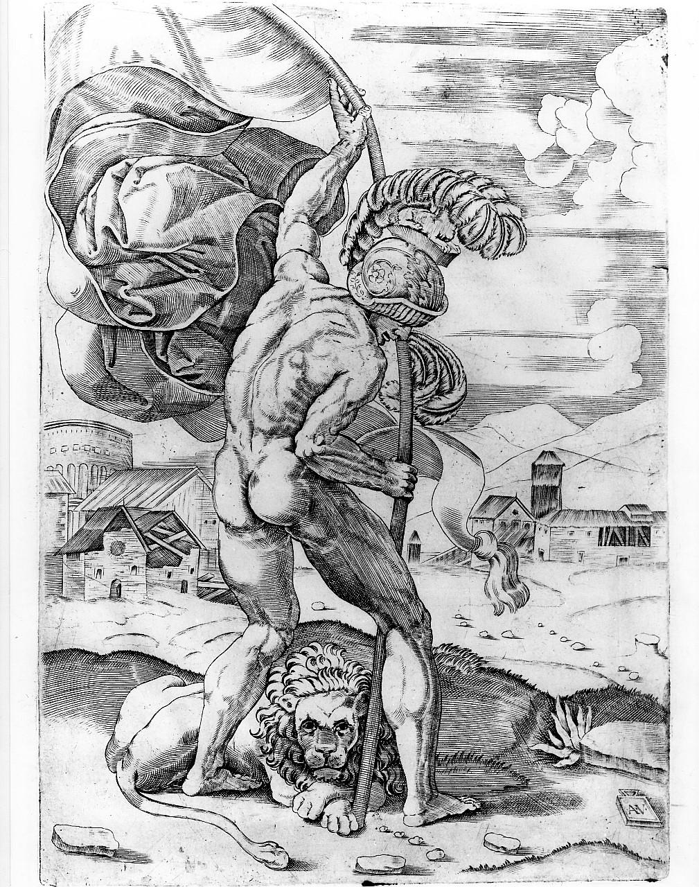 uomo portastendardo (stampa smarginata) di Pippi Giulio detto Giulio Romano (prima metà sec. XVI)