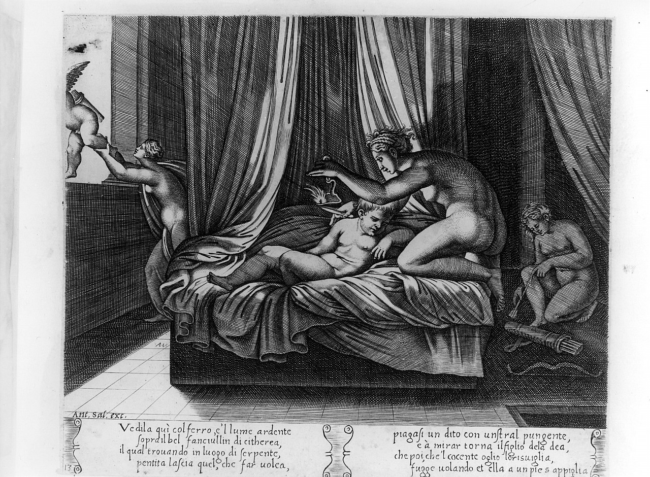 Psiche spia Cupido dormiente (stampa smarginata, serie) di Coxie Michiel, De Musi Agostino detto Agostino Veneziano (sec. XVI)
