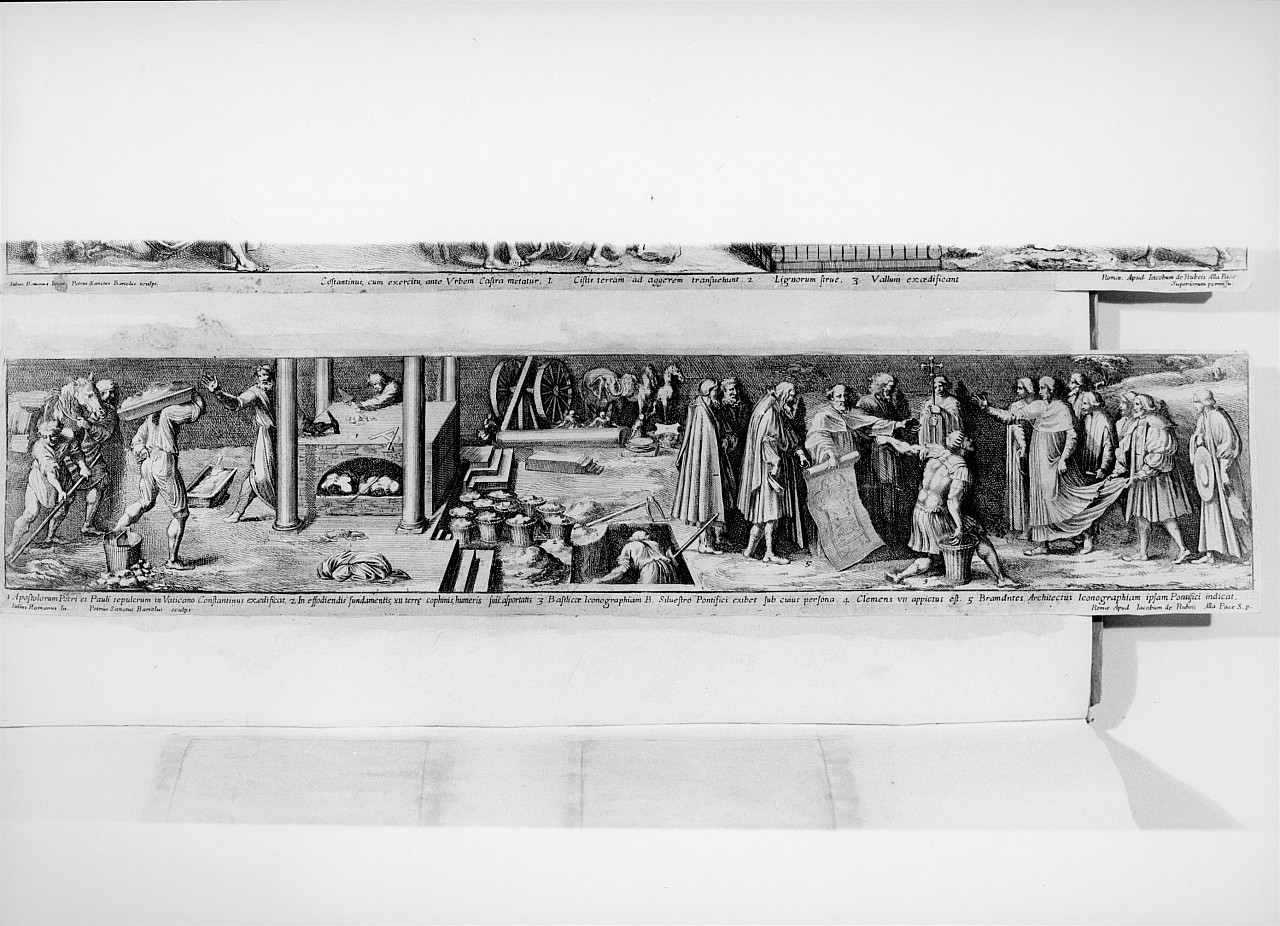 Costantino fa costruire il sepolcro di Pietro e Paolo (stampa) di Bartoli Pietro Santi, Polidoro da Caravaggio (sec. XVII)
