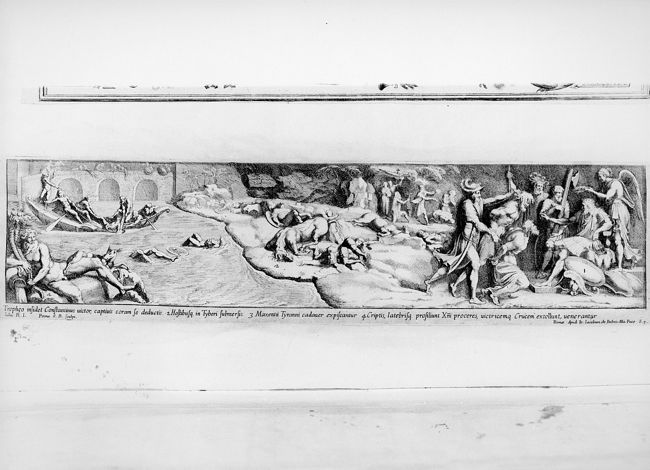 apparizione della Croce durante la battaglia di ponte Milvo (stampa) di Bartoli Pietro Santi, Polidoro da Caravaggio (sec. XVII)