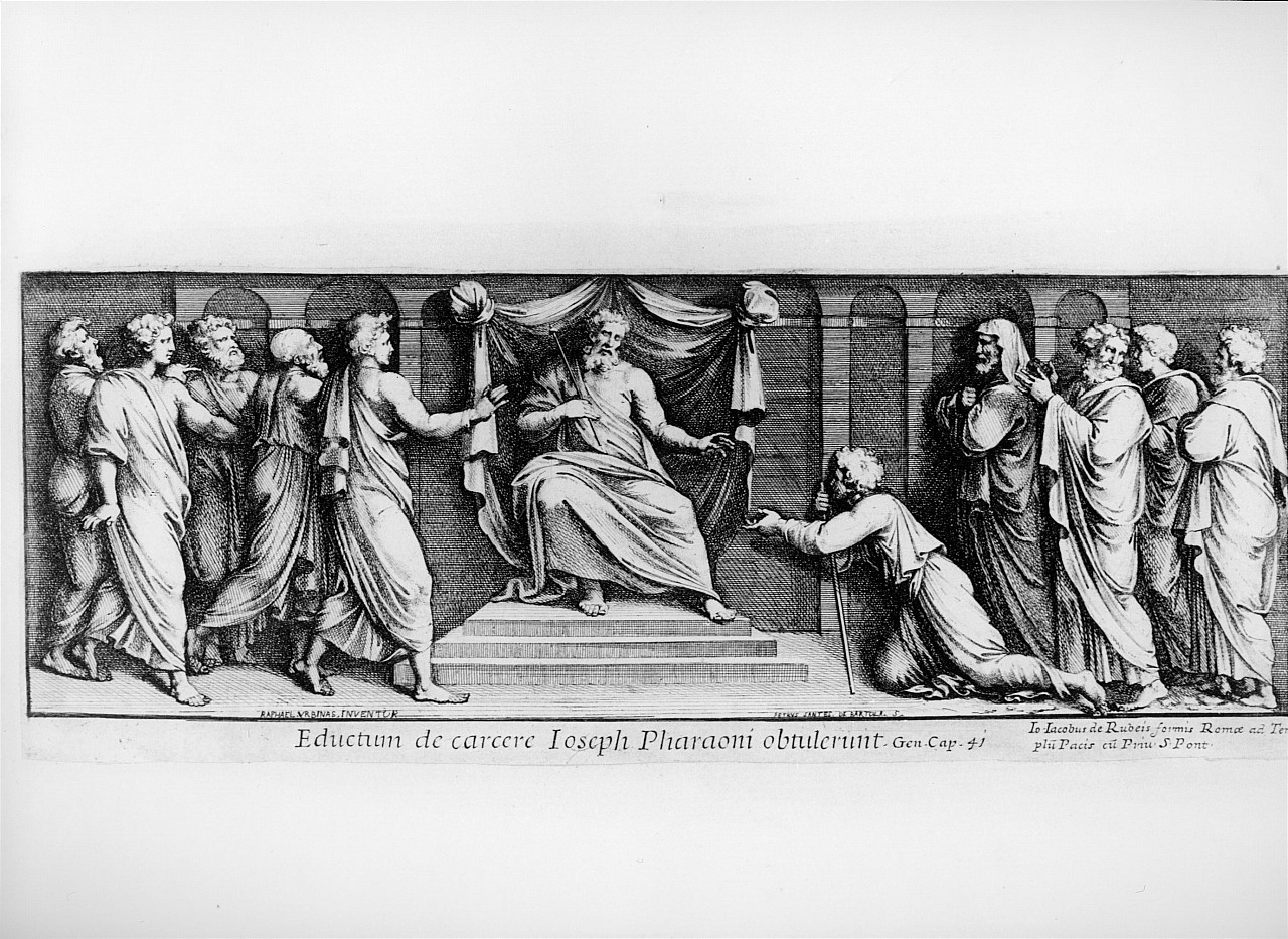 Giuseppe interpreta i sogni del faraone (stampa smarginata, serie) di Bartoli Pietro Santi, Sanzio Raffaello detto Raffaello (seconda metà sec. XVII)