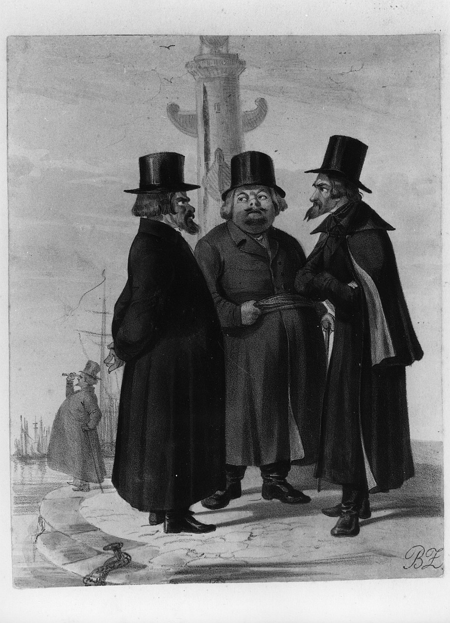 uomini in conversazione (stampa colorata a mano, serie) di Zukowski Rudolf (sec. XIX)