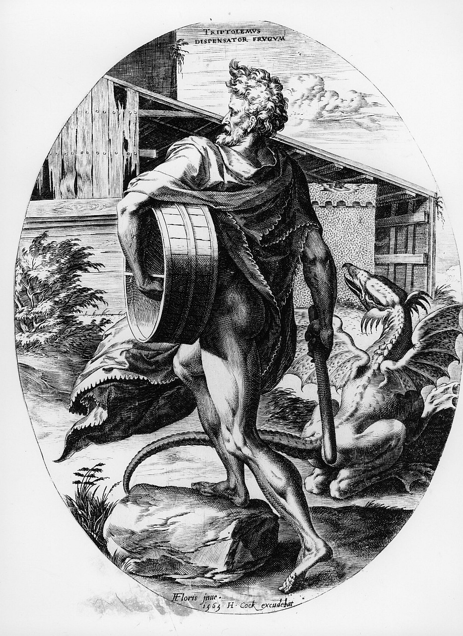 Trittolemo (stampa smarginata, serie) di De Vriendt Frans detto Frans Floris - ambito fiammingo (sec. XVI)