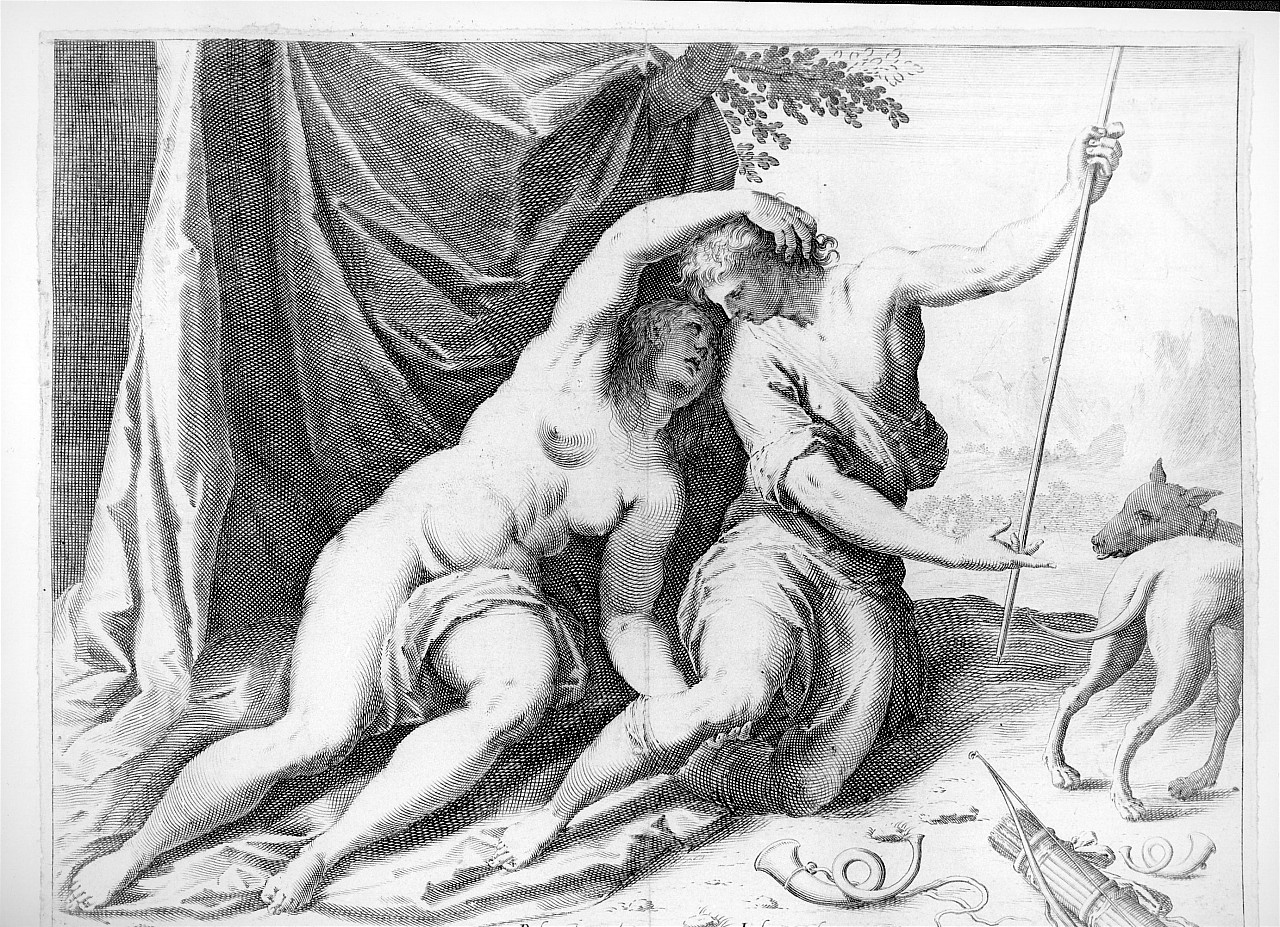 Venere e Adone (stampa smarginata) di Negretti Jacopo detto Jacopo Palma il Giovane, Franco Giacomo (primo quarto sec. XVII)