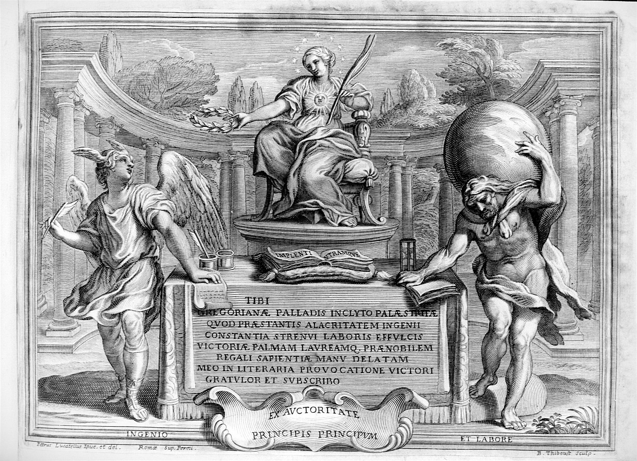 Ingegno, Verità e Lavoro (stampa smarginata) di Thiboust Benoit, Locatelli Pietro (ultimo quarto sec. XVII)