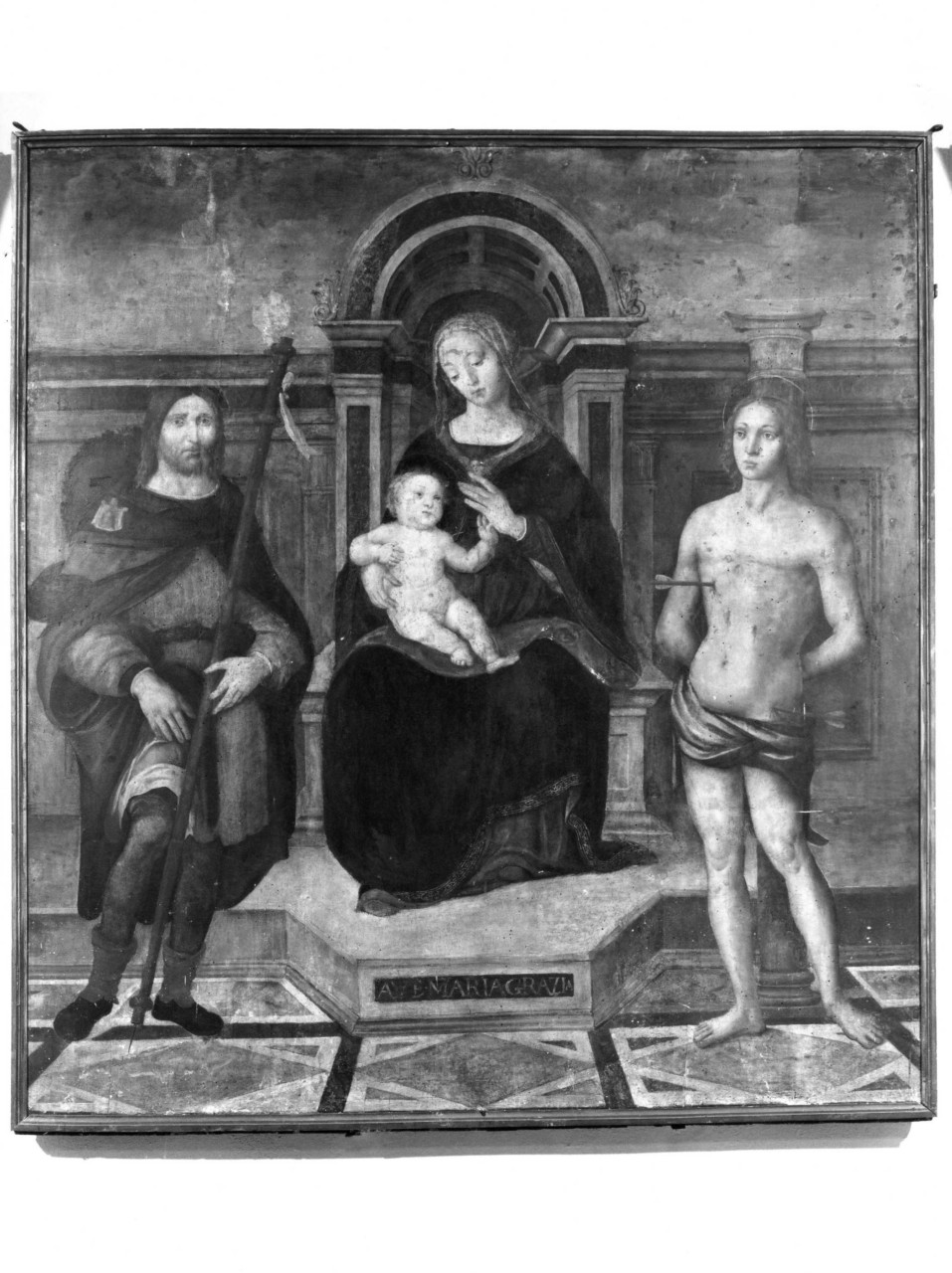 Madonna in trono con Bambino tra San Rocco e San Sebastiano (dipinto) di Bigordi Ridolfo detto Ridolfo Ghirlandaio (attribuito) (fine/ inizio secc. XV/ XVI)