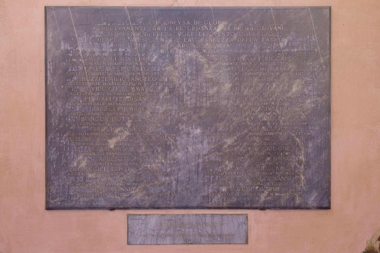 monumento a lapide prima guerra mondiale (lapide commemorativa ai caduti) - bottega modenese (sec. XX)