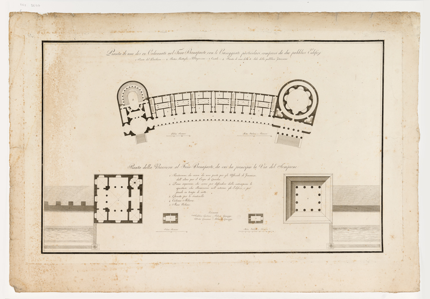 pianta di uno dei 12 colonnati nel foro Bonaparte/ pianta della barriera al Foro (stampa, serie) di Antolini Giovanni Antonio (sec. XIX)