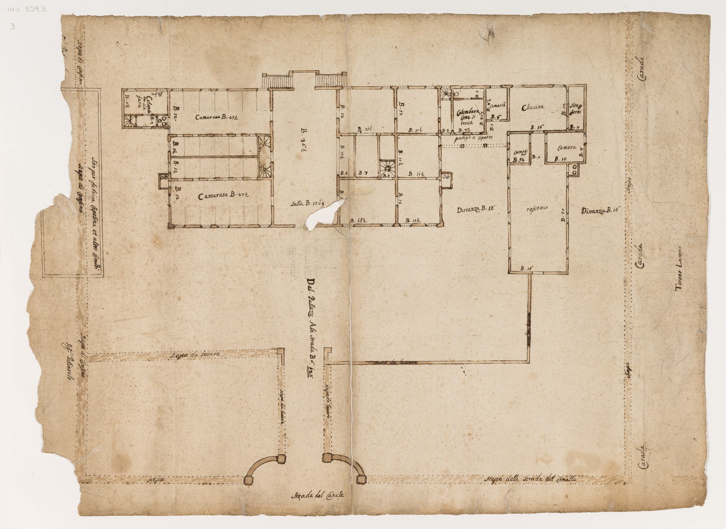 pianta della villa del collegio a Solara di Bomporto (disegno architettonico) - ambito modenese (sec. XVIII)