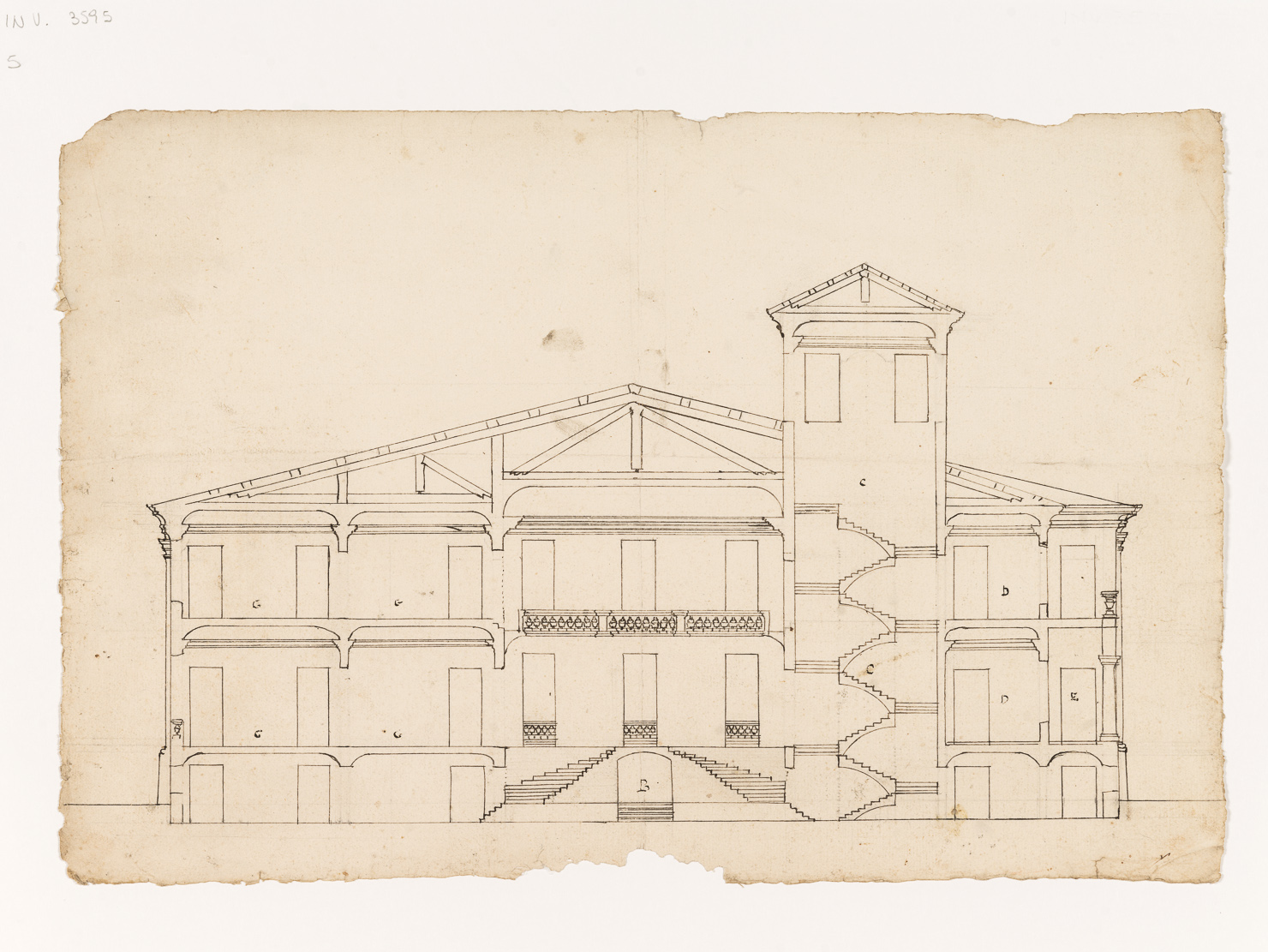 sezione longitudinale del corpo centrale della villa di Sorbara (disegno architettonico) - ambito modenese (sec. XVIII)