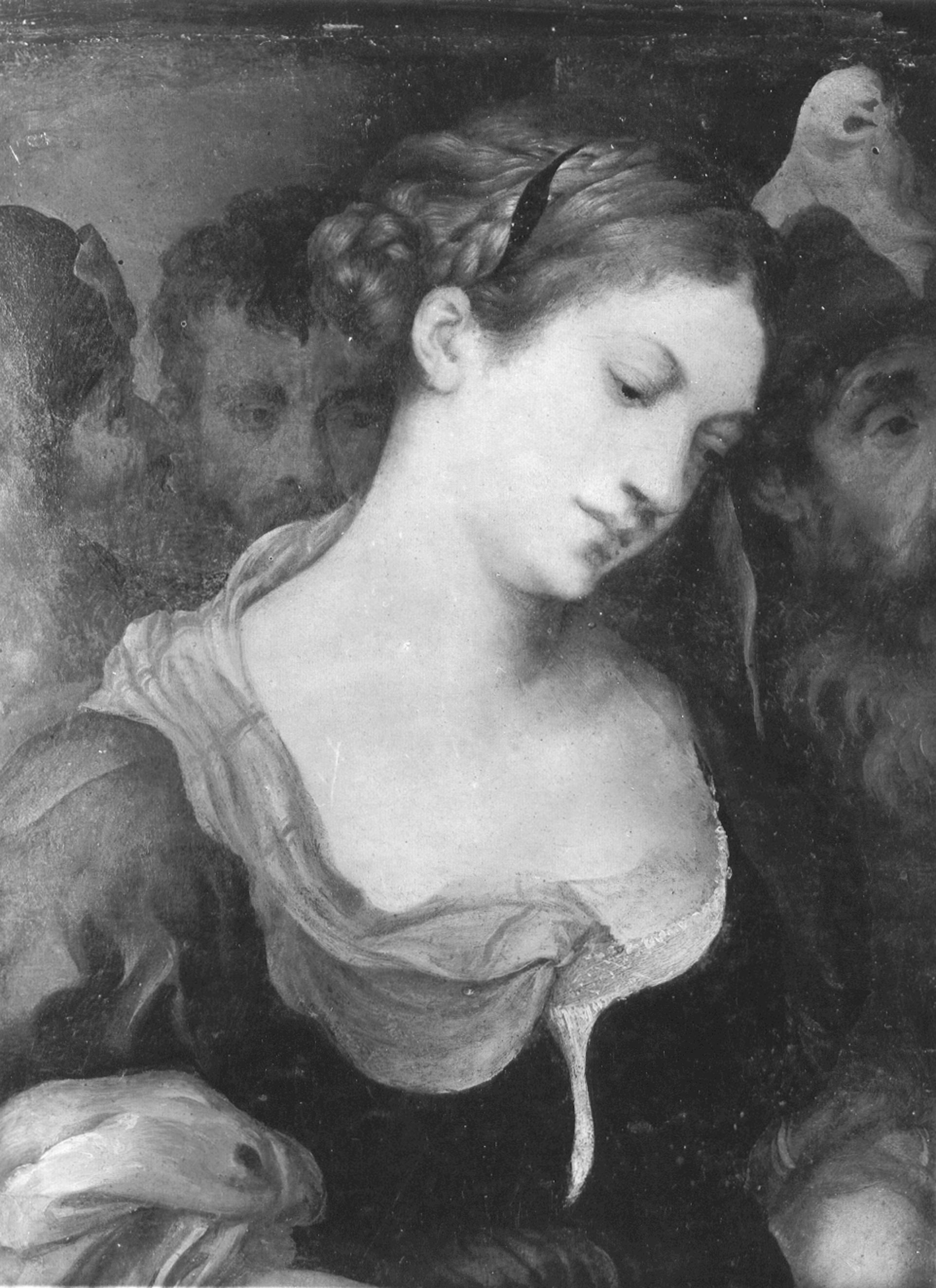 Autore ignoto. Cristo e l'adultera (particolare) - Genova - Palazzo Cattaneo Adorno (negativo) di Foto Gasparini (metà XX)