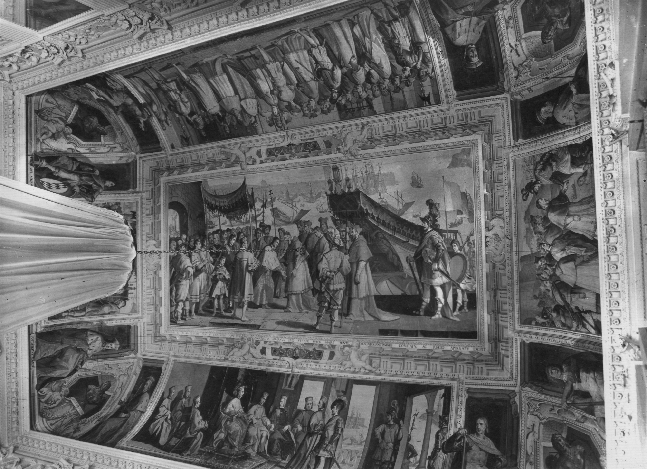 Tavarone, Lazzaro. Affresco della volta del Salone, Incontro tra il doge Antoniotto Adorno e il papa Urbano IX - Genova - Palazzo del Marchese Cattaneo Adorno (negativo) di Foto Gasparini (metà XX)