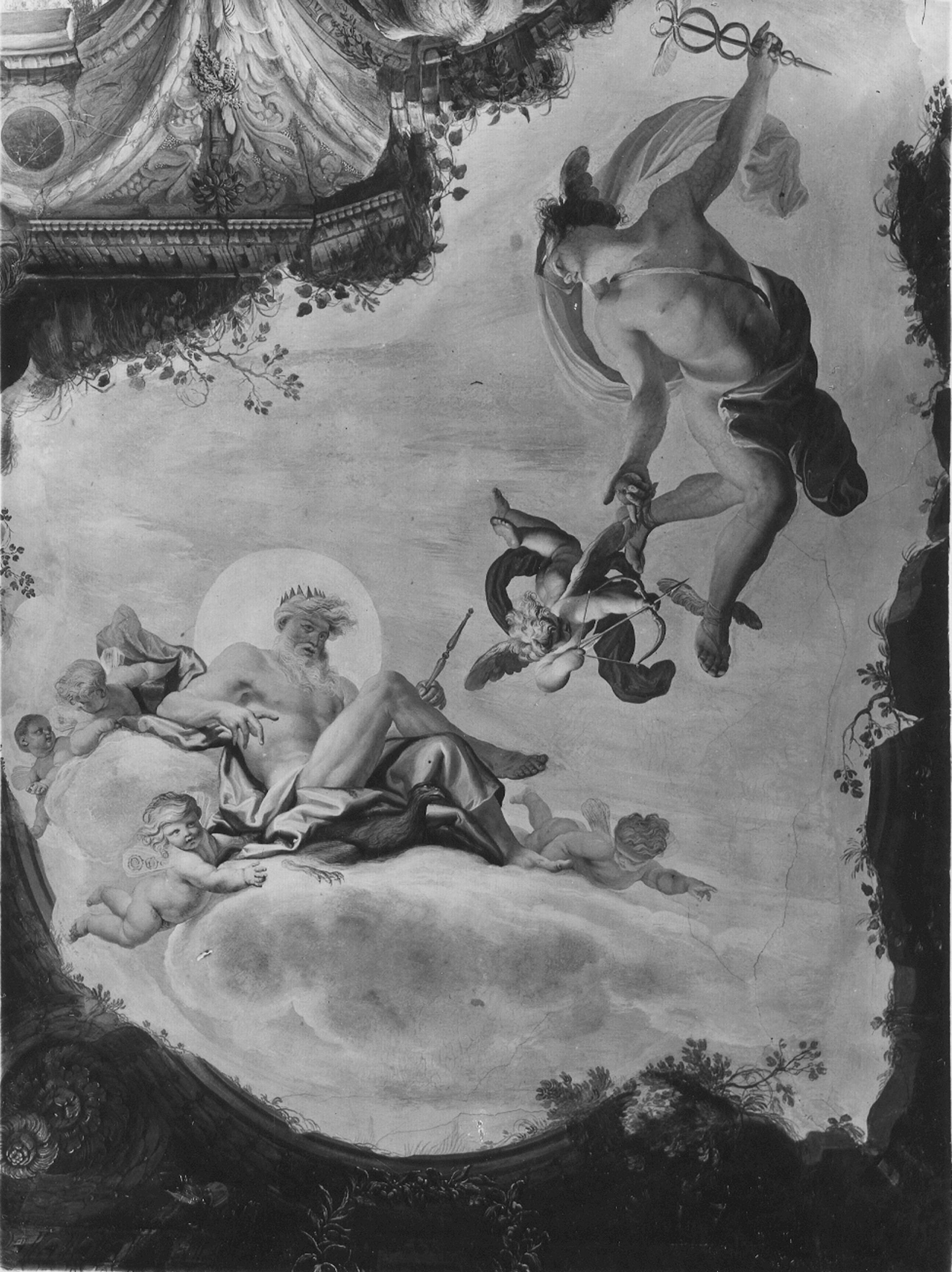 Piola, Domenico. Affresco del quadro centrale della Sala delle rovine, Giove, Mercurio e Amore - Genova - Villa Balbi Durazzo Gropallo allo Zerbino (negativo) di Gasparini, Renato (metà XX)