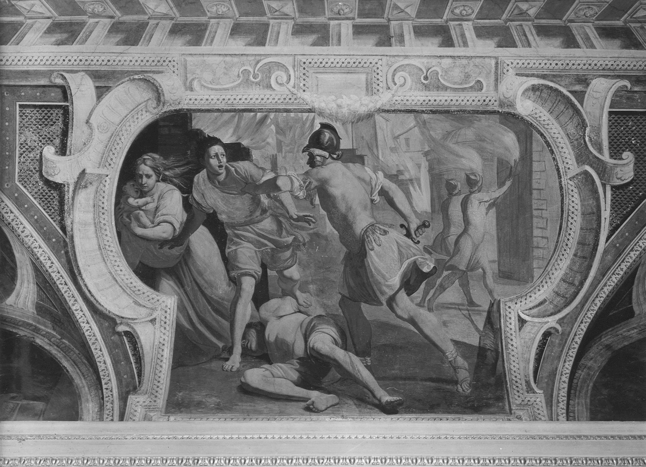 Fiasella, Domenico. Affresco del quadro laterale del Salone del Banchetto di Assuero, Massacro degli abitanti di Gerusalemme - Genova – Palazzo Lomellini Patrone (negativo) di Foto Gasparini (metà XX)