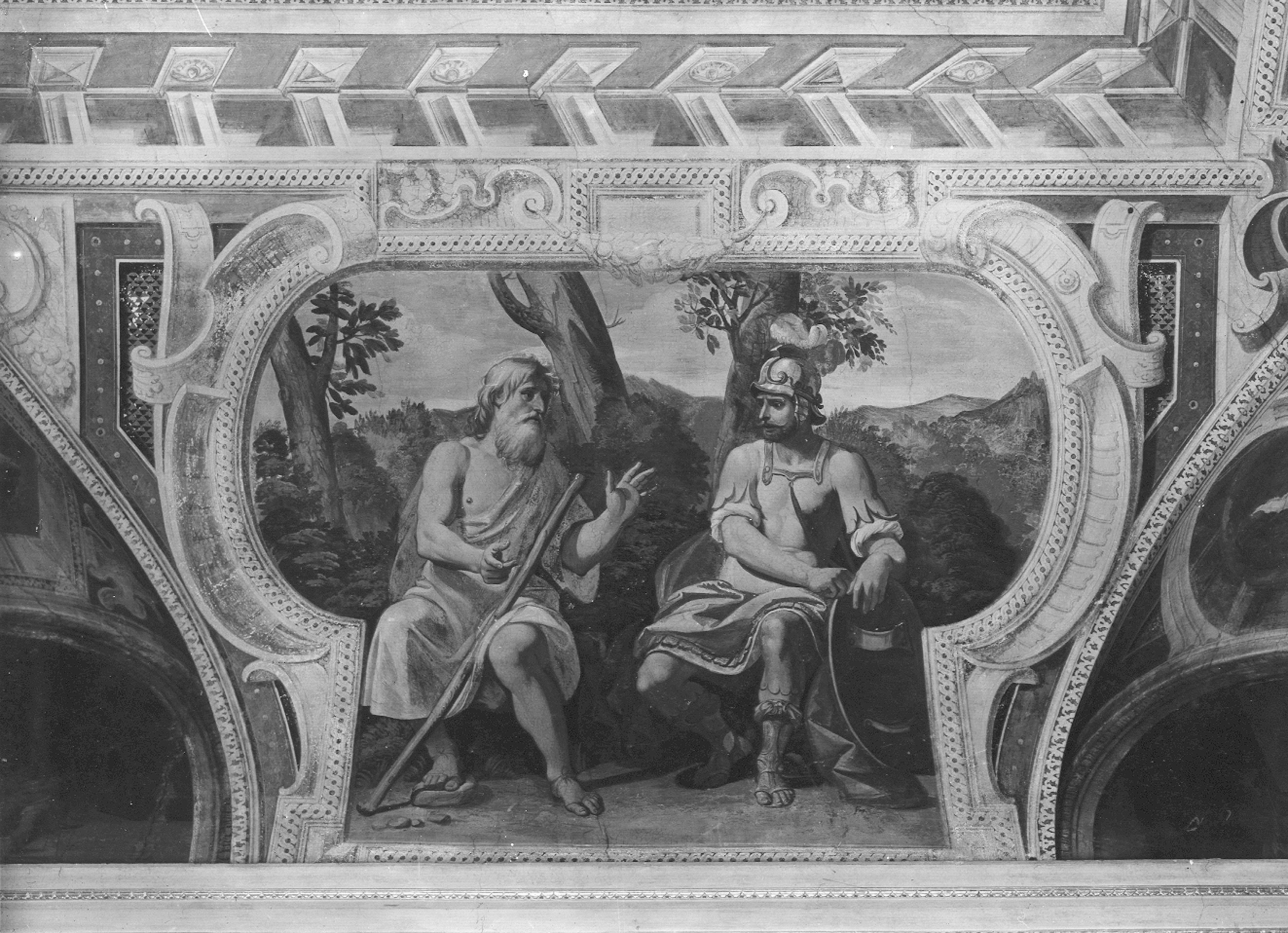 Fiasella, Domenico. Affresco Affresco del quadro laterale del Salone del Banchetto di Assuero, Oronte e Talandro – Genova – Palazzo Lomellini Patrone (negativo) di Foto Gasparini (metà XX)