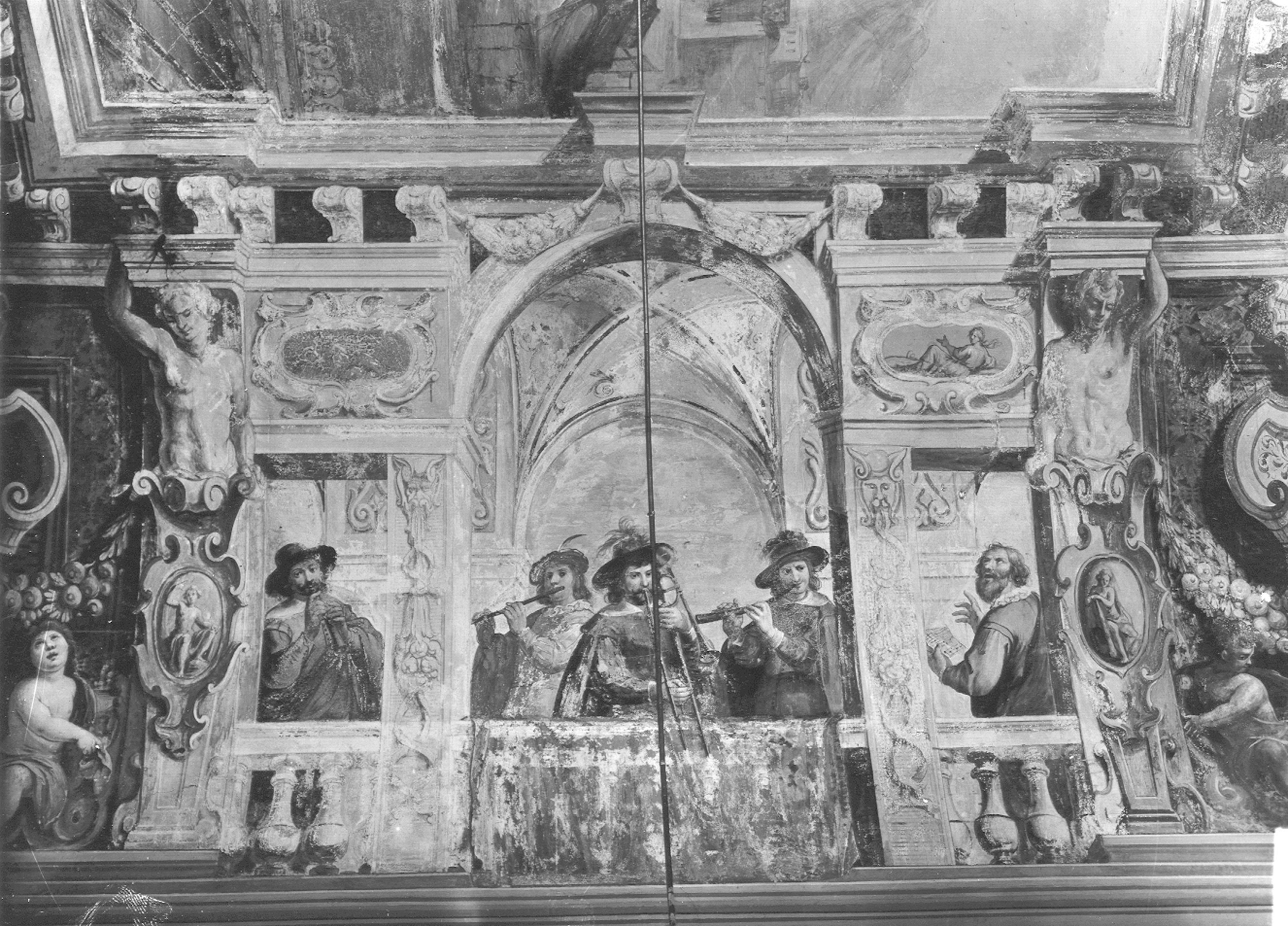 Carlone, Giovanni Battista. Affresco del quadro laterale della Sala de Il Cardinale Gio Domenico Spinola riceve l'infanta Maria di Spagna a Ventimiglia, Musici - Genova - Palazzo Lomellini Patrone (negativo) di Foto Gasparini (metà XX)