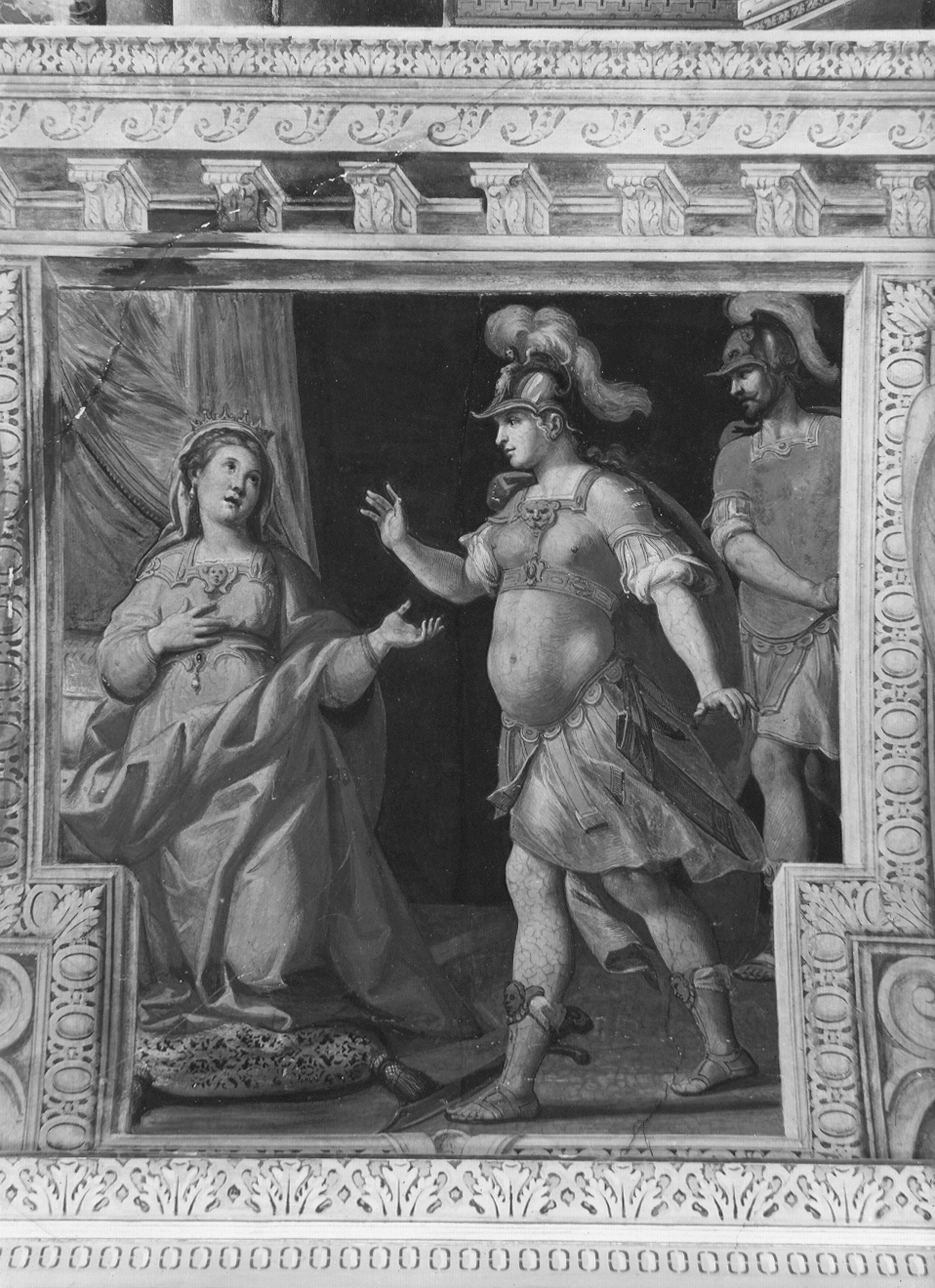 Fiasella, Domenico. Affresco del quadro laterale del Salone de La scelta di Esther da parte di Assuero, Esther supplica Oronte - Genova - Palazzo Lomellini Patrone (negativo) di Foto Gasparini (metà XX)