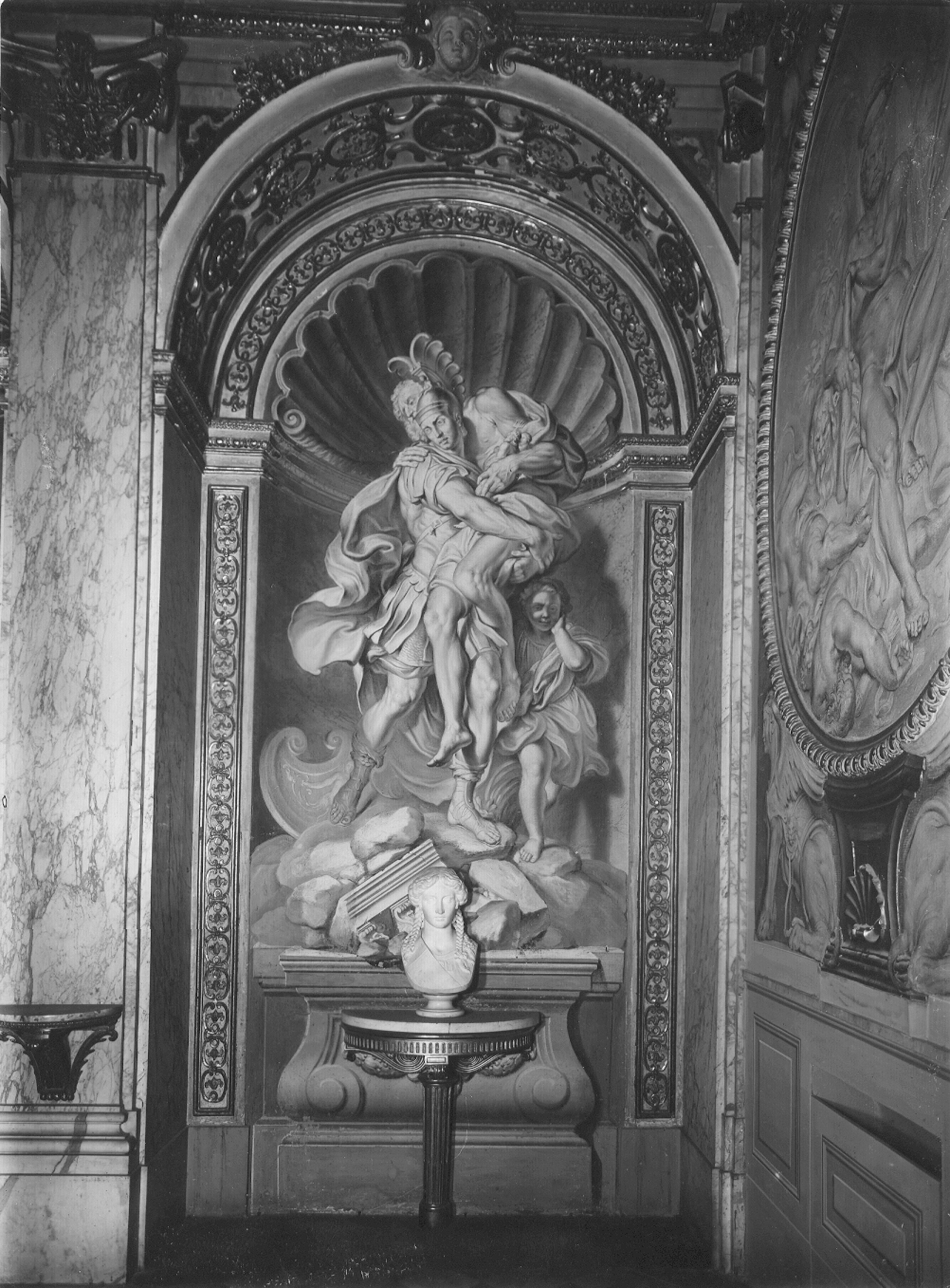 De Ferrari, Lorenzo. Affresco della parete est della Galleria della Cappella, Enea Ascanio e Anchise in fuga da Troia in fiamme - Genova - Museo di Palazzo Reale (negativo) di Foto Cresta (metà XX)