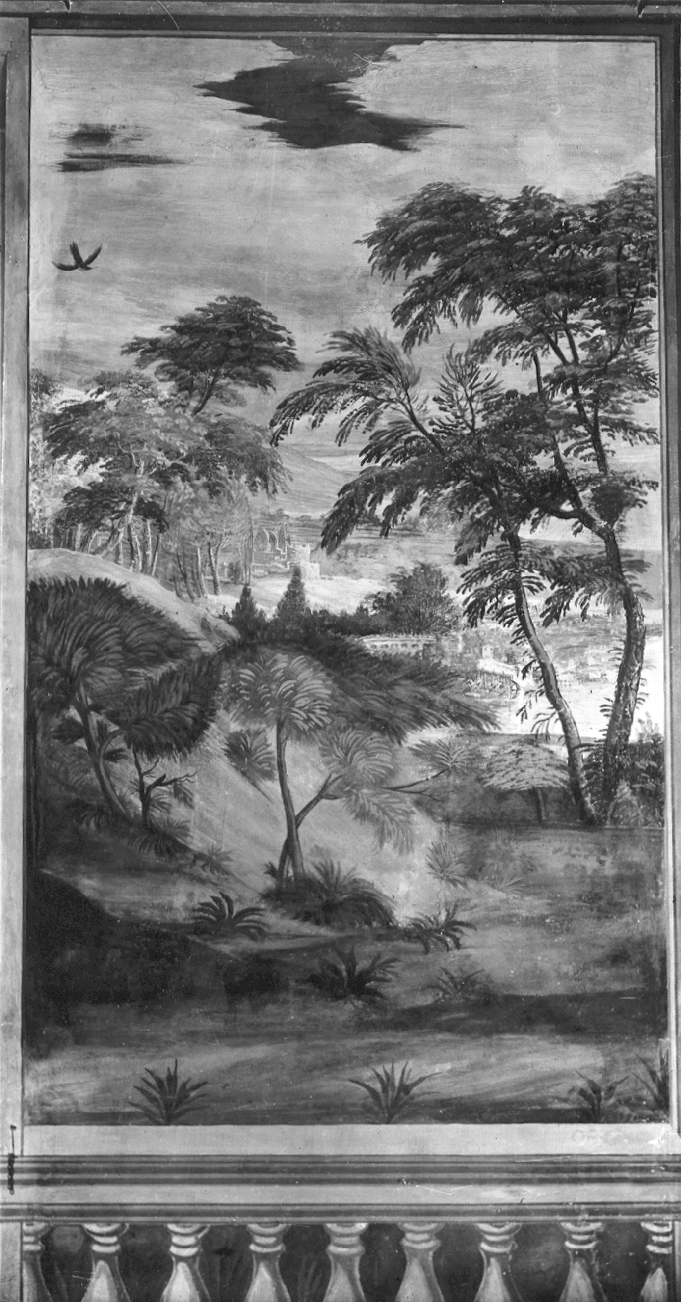 Semino, Andrea. Affresco di una parete del Salone, Paesaggio (particolare) - Genova – Palazzo di Angelo Giovanni e Giulio Spinola (negativo) di Foto Gasparini (metà XX)