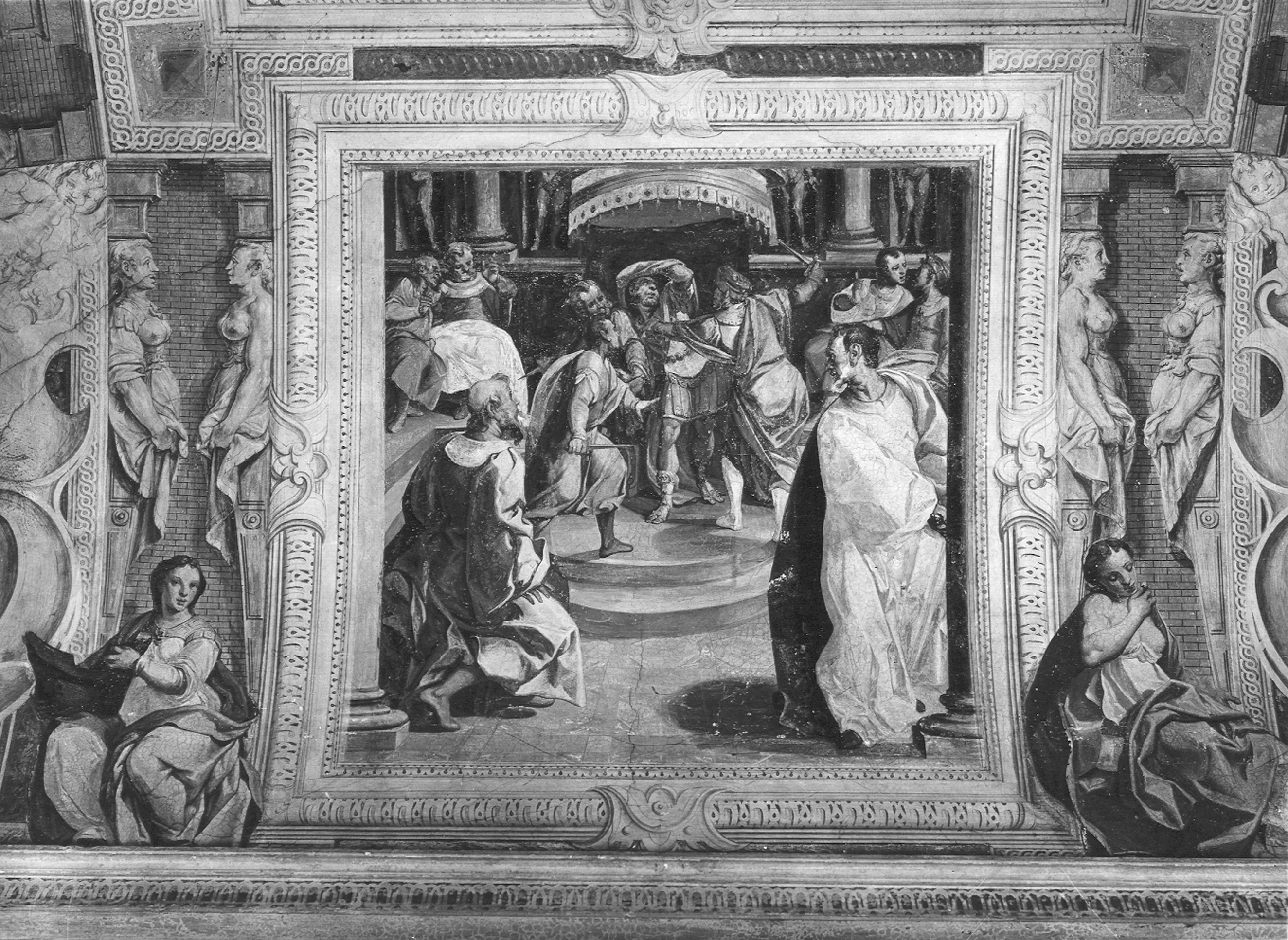 Tavarone, Lazzaro. Affresco di quadro laterale del Salone di Cesare, Assassinio di Cesare - Genova - Palazzo di Angelo Giovanni e Giulio Spinola (negativo) di Foto Gasparini (metà XX)