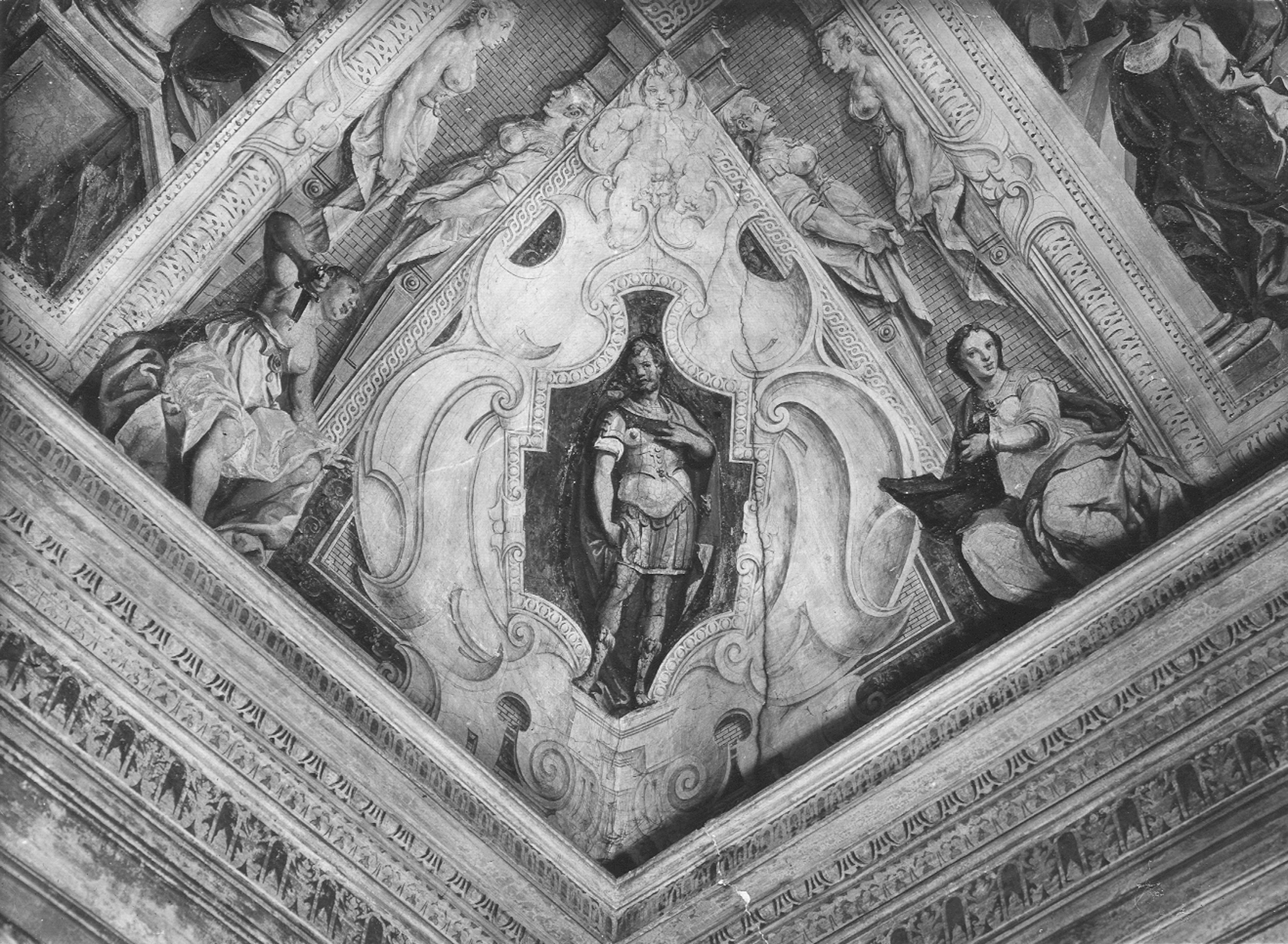 Tavarone, Lazzaro. Affresco di una cartella angolare del Salone di Cesare - Genova – Palazzo di Angelo Giovanni e Giulio Spinola (negativo) di Foto Gasparini (metà XX)