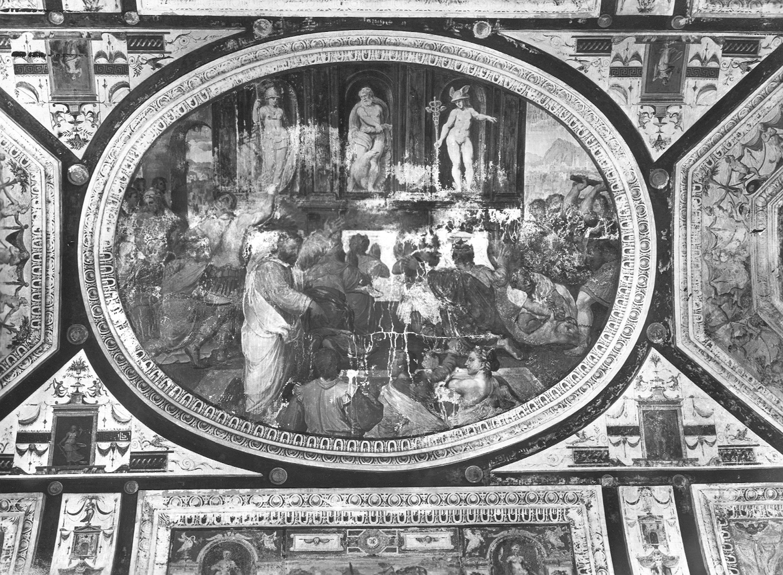 Castello, Giovanni Battista. Affresco dell'ovale centrale della volta della Loggia al piano nobile, Sacrificio a Diana, Giove e Mercurio - Genova - Villa Pallavicino "delle Peschiere" (negativo) di Foto Cresta (metà XX)