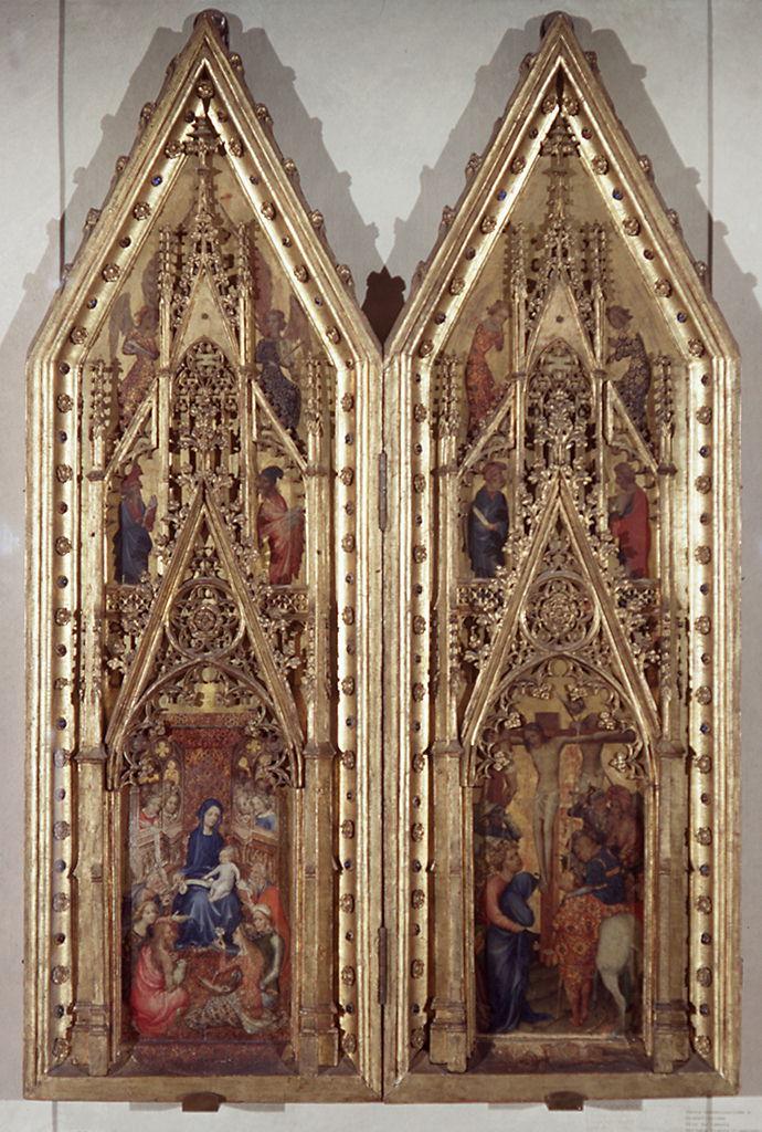 Grande Dittico, Madonna con Bambino in trono e santi, crocifissione di Cristo, profeti, angeli (dittico portatile) - ambito franco-fiammingo (sec. XIV)