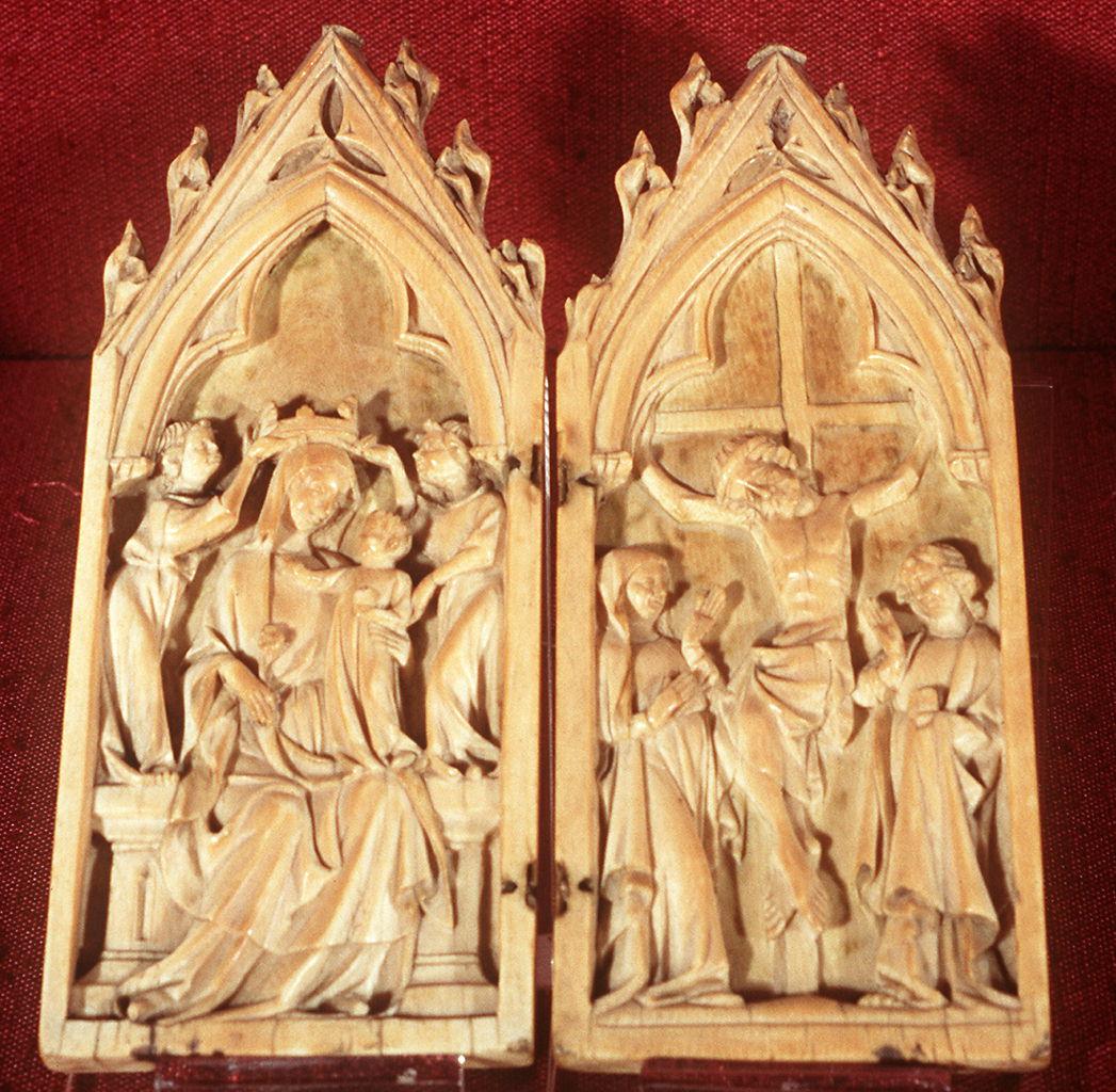 Madonna con Bambino, crocifissione di Cristo con la Madonna e San Giovanni Evangelista (dittico) - bottega francese (sec. XIV)