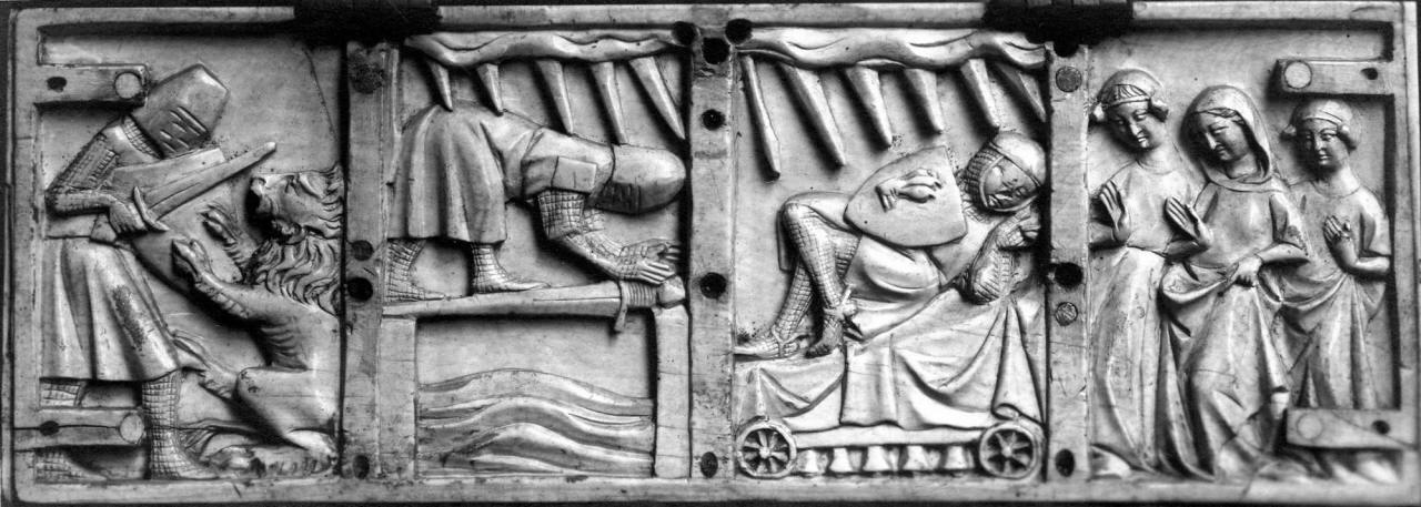 tre fanciulle liberate da Galvano (placchetta di cofanetto) - bottega parigina (sec. XIV)