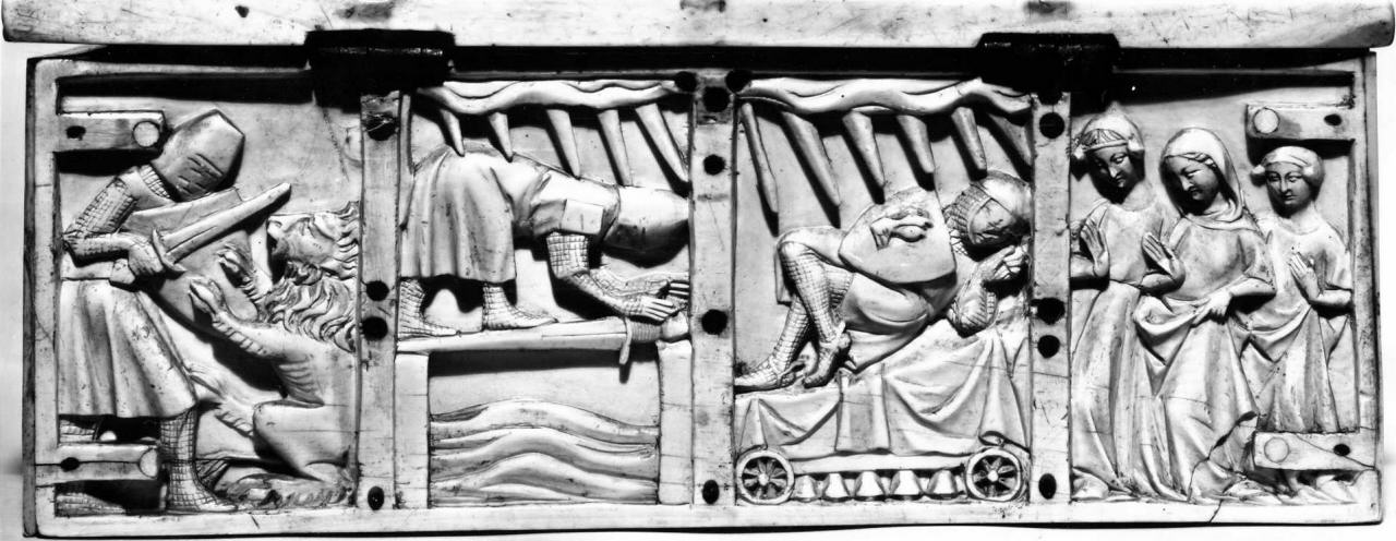 tre fanciulle liberate da Galvano (placchetta di cofanetto) - bottega parigina (sec. XIV)