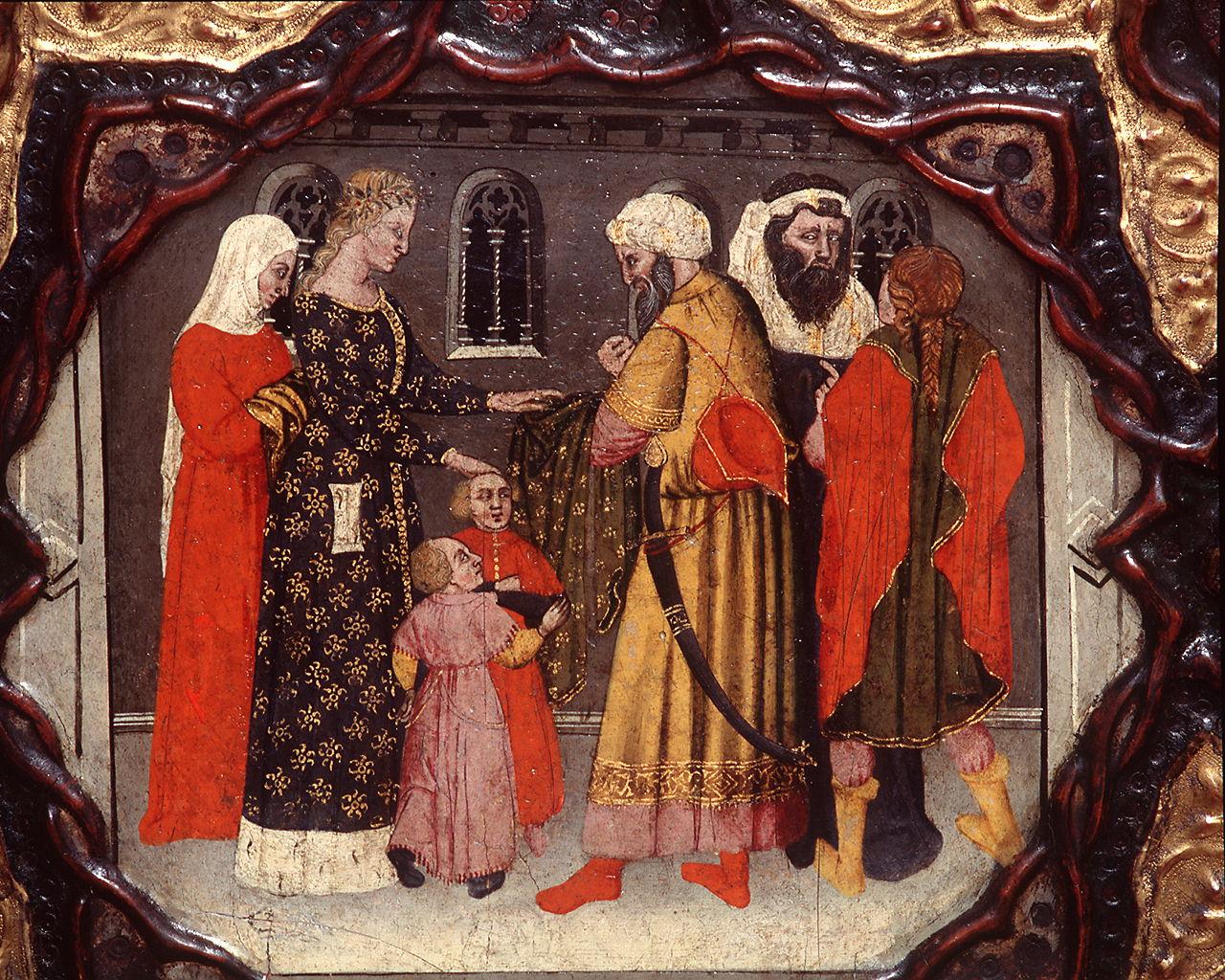 Saladino è ospitato da Torello e da sua moglie (formella) - bottega fiorentina (primo quarto sec. XV)