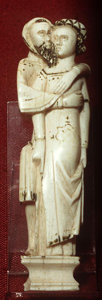 coppia di giovani abbbracciati (impugnatura di stilo per capelli) - manifattura italiana (sec. XIV)