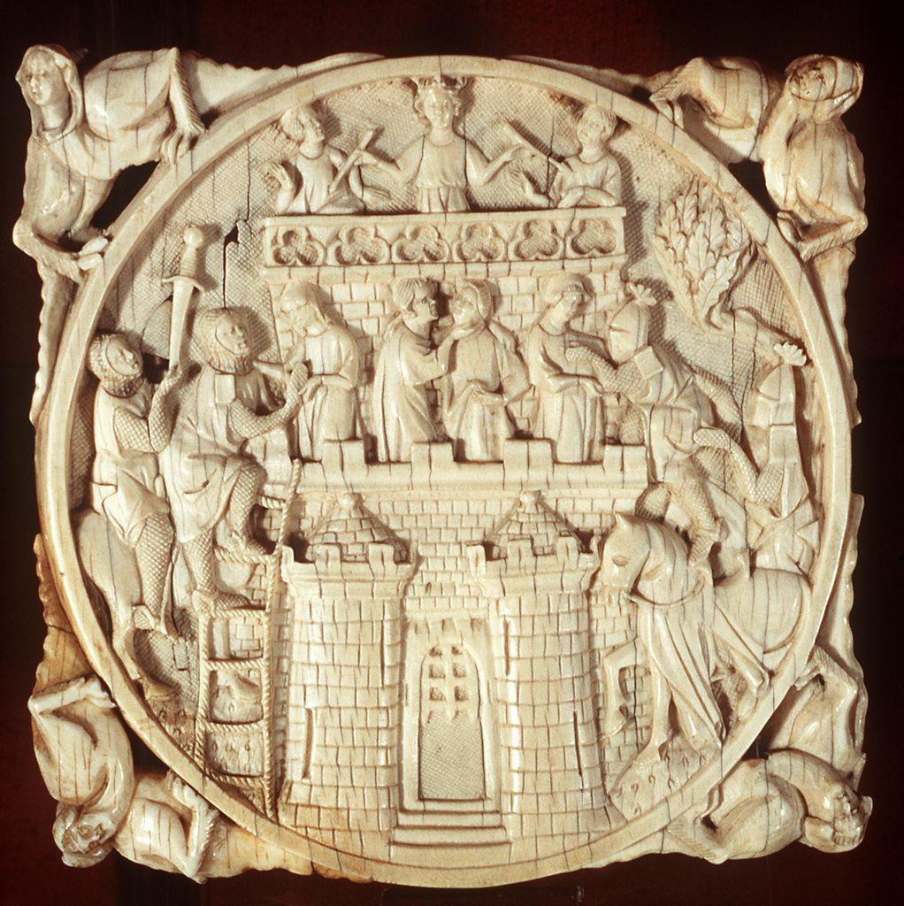 assedio al castello d'Amore (portaspecchio) - bottega francese (sec. XIV)