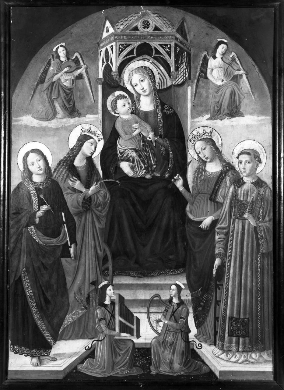 Madonna con Bambino in trono tra santi e angeli musicanti (dipinto) di Gozzoli Benozzo (scuola) (sec. XV)