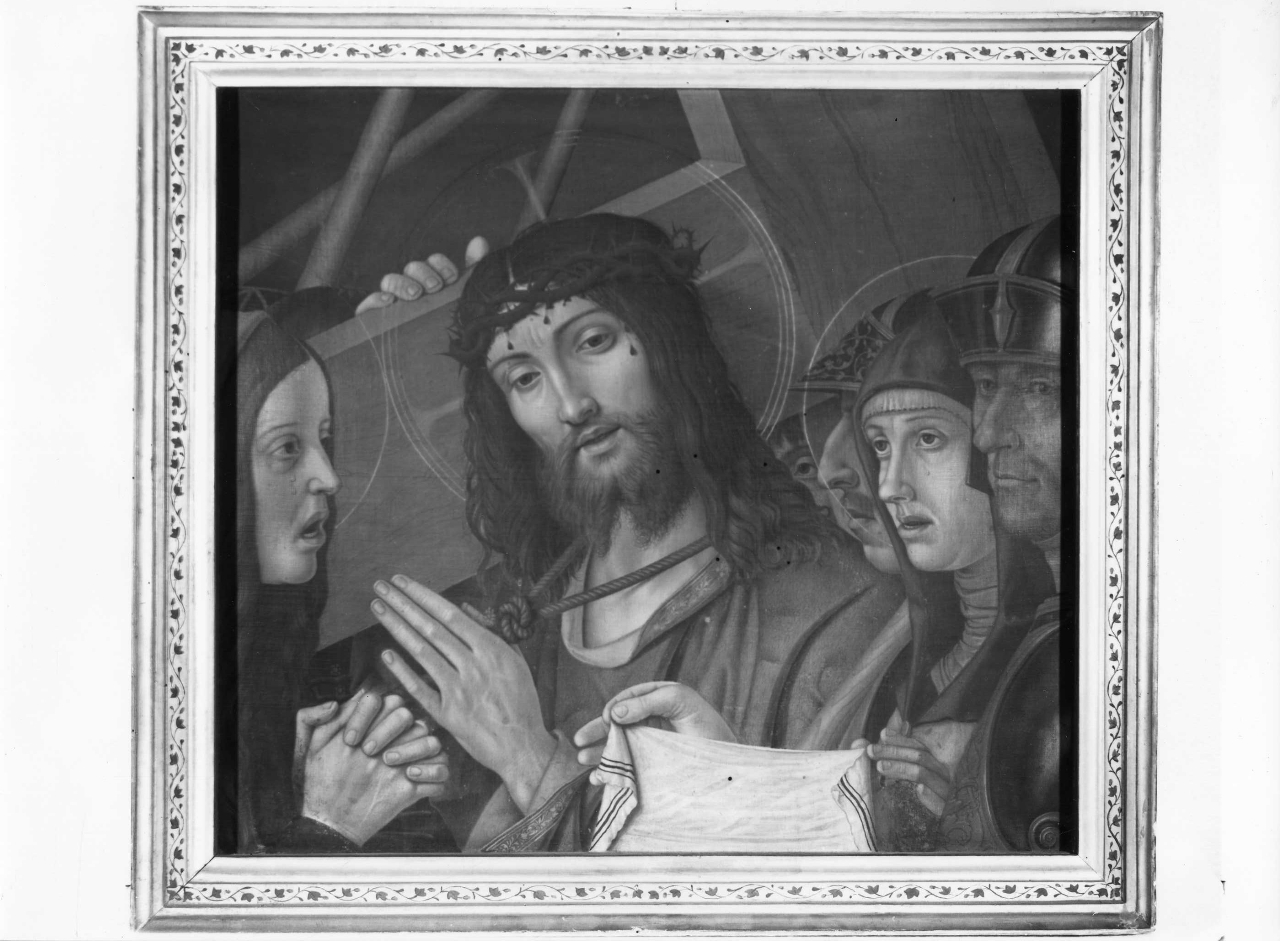 Cristo portacroce con la Vergine, la Veronica e armigeri (dipinto) - ambito veneto (fine/ inizio secc. XV/ XVI)
