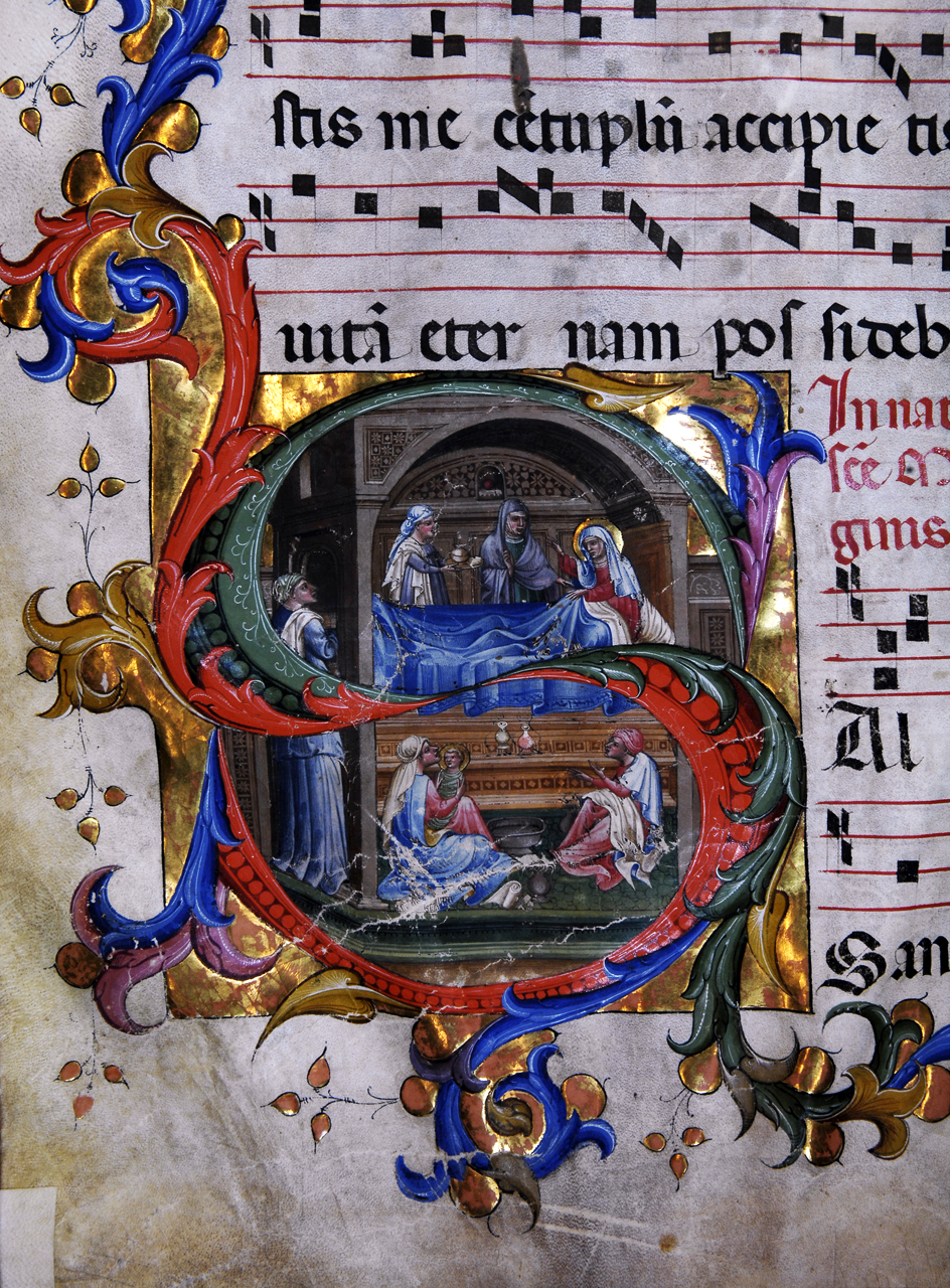 nascita di Maria Vergine (miniatura) di Bartolomeo di Fruosino (attribuito) (primo quarto sec. XV)