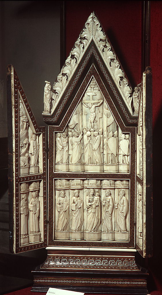 crocifissione, Madonna con Bambino e Santi (trittico portatile) di Embriachi Baldassarre degli (bottega), Franchi Rossello di Jacopo (bottega) (sec. XV)