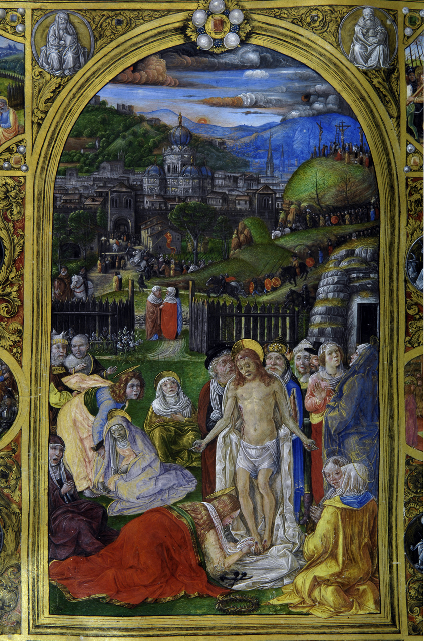 compianto sul Cristo morto (miniatura, elemento d'insieme) di Gherardo di Giovanni detto Gherardo del Fora, Monte di Giovanni del Fora (seconda metà sec. XV)
