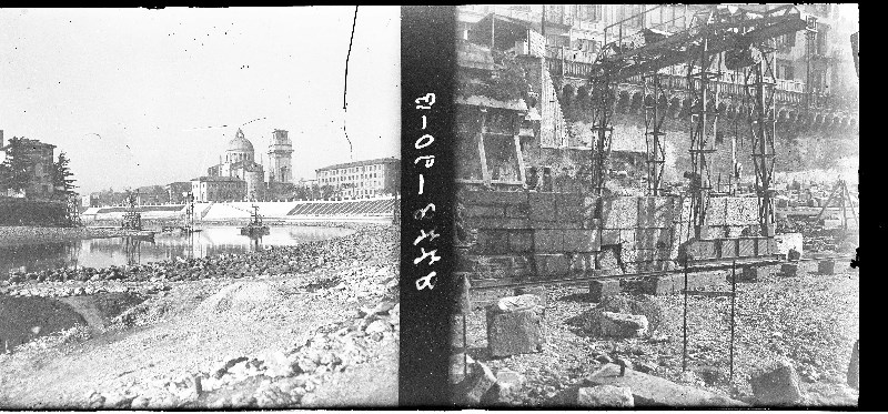 Danni di guerra - II Guerra Mondiale - Ponti - Ponte Pietra < Verona > (negativo, insieme completo) di SOPRINTENDENZA AI MONUMENTI PROV. VR MN CR (attribuito) (metà XX)